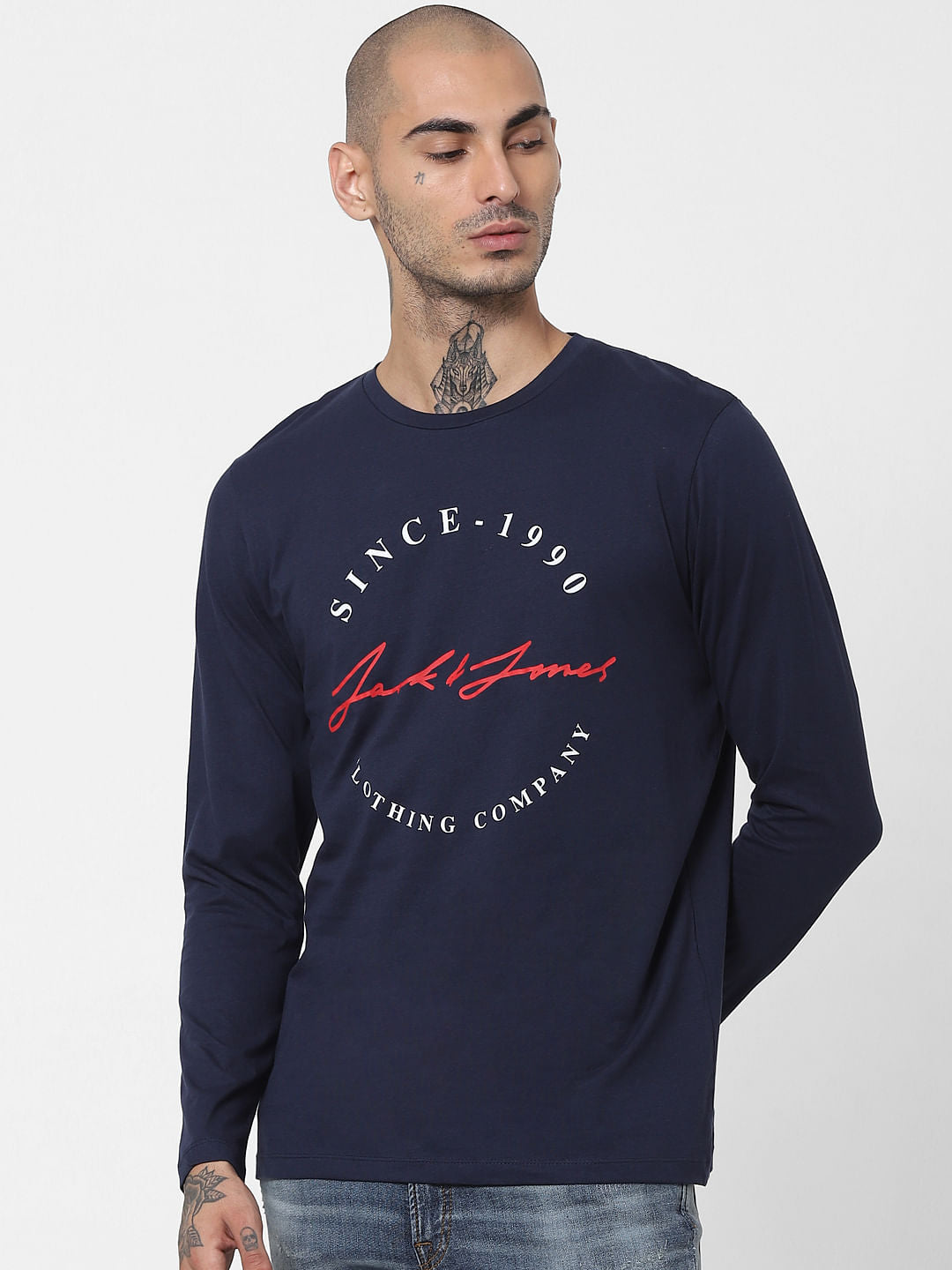 Blue Logo Print Full Sleeves Crew Neck T-shirt