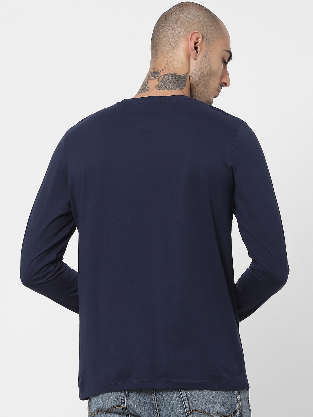 Blue Logo Print Full Sleeves Crew Neck T-shirt