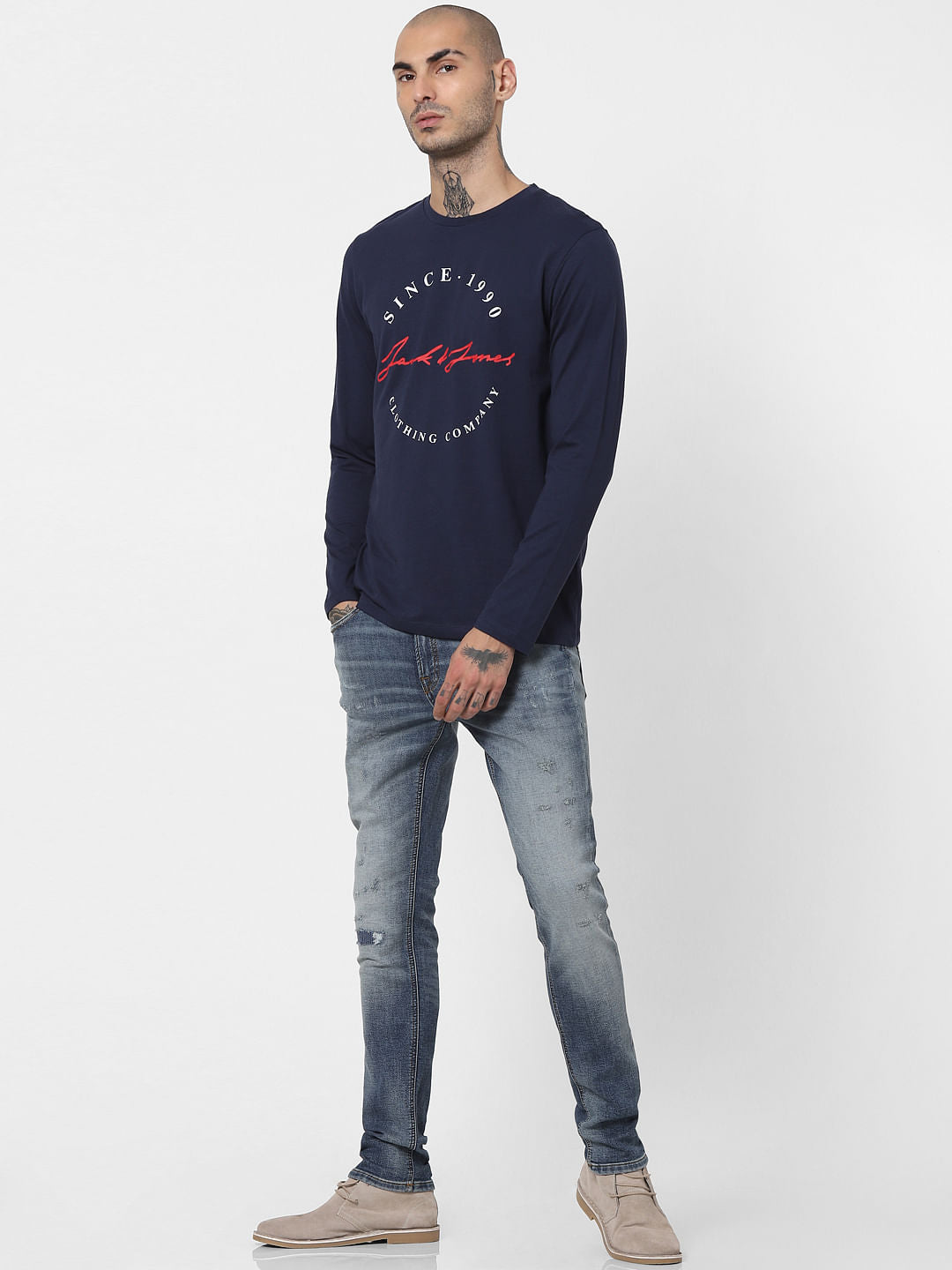 Blue Logo Print Full Sleeves Crew Neck T-shirt