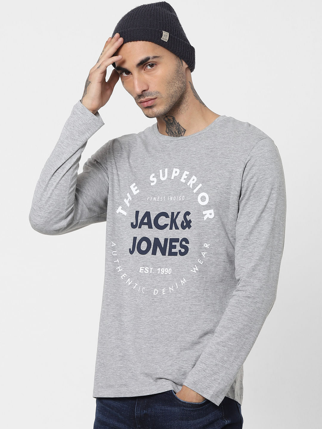 Grey Logo Print Full Sleeves Crew Neck T-shirt - S