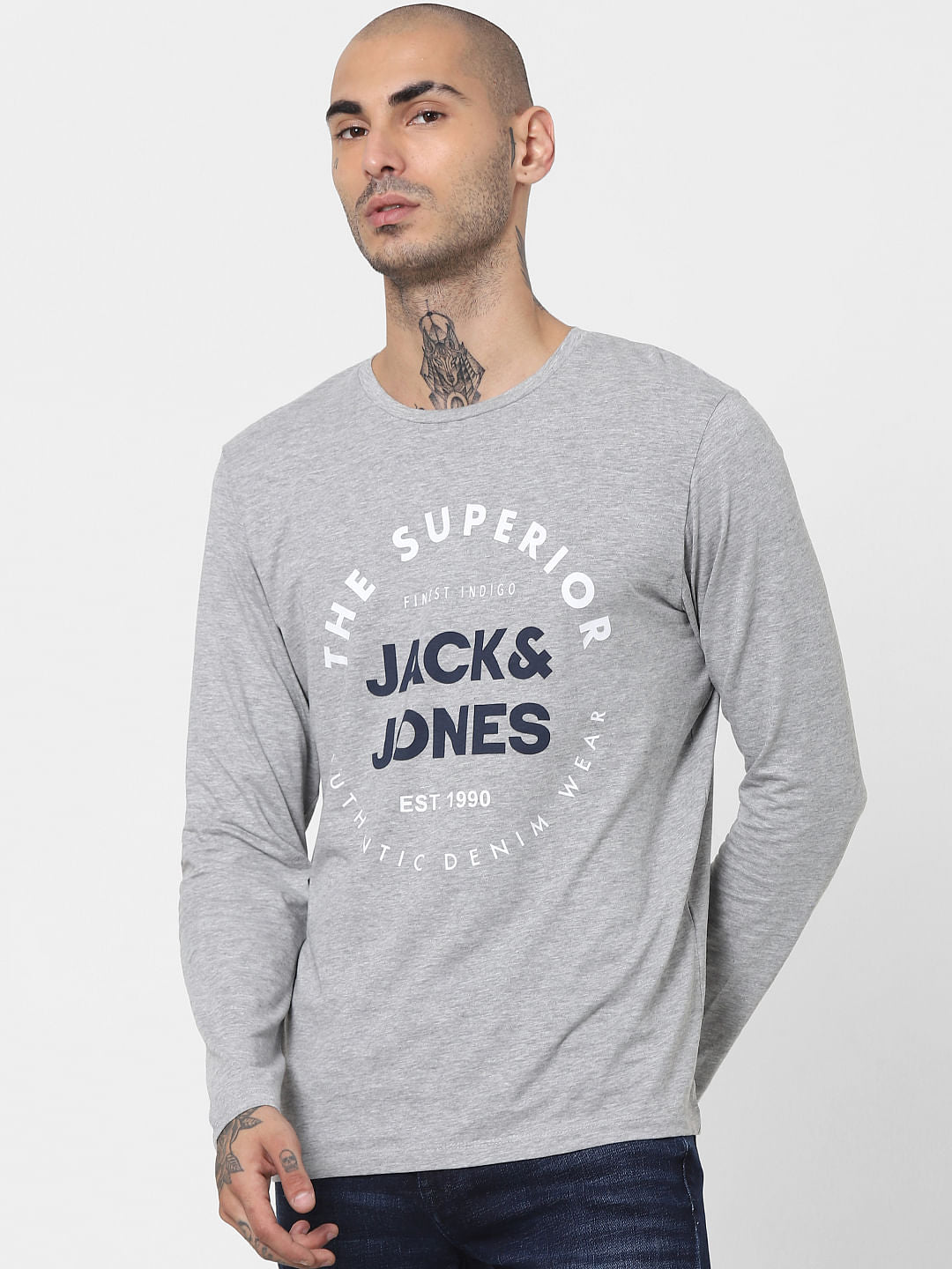 Grey Logo Print Full Sleeves Crew Neck T-shirt