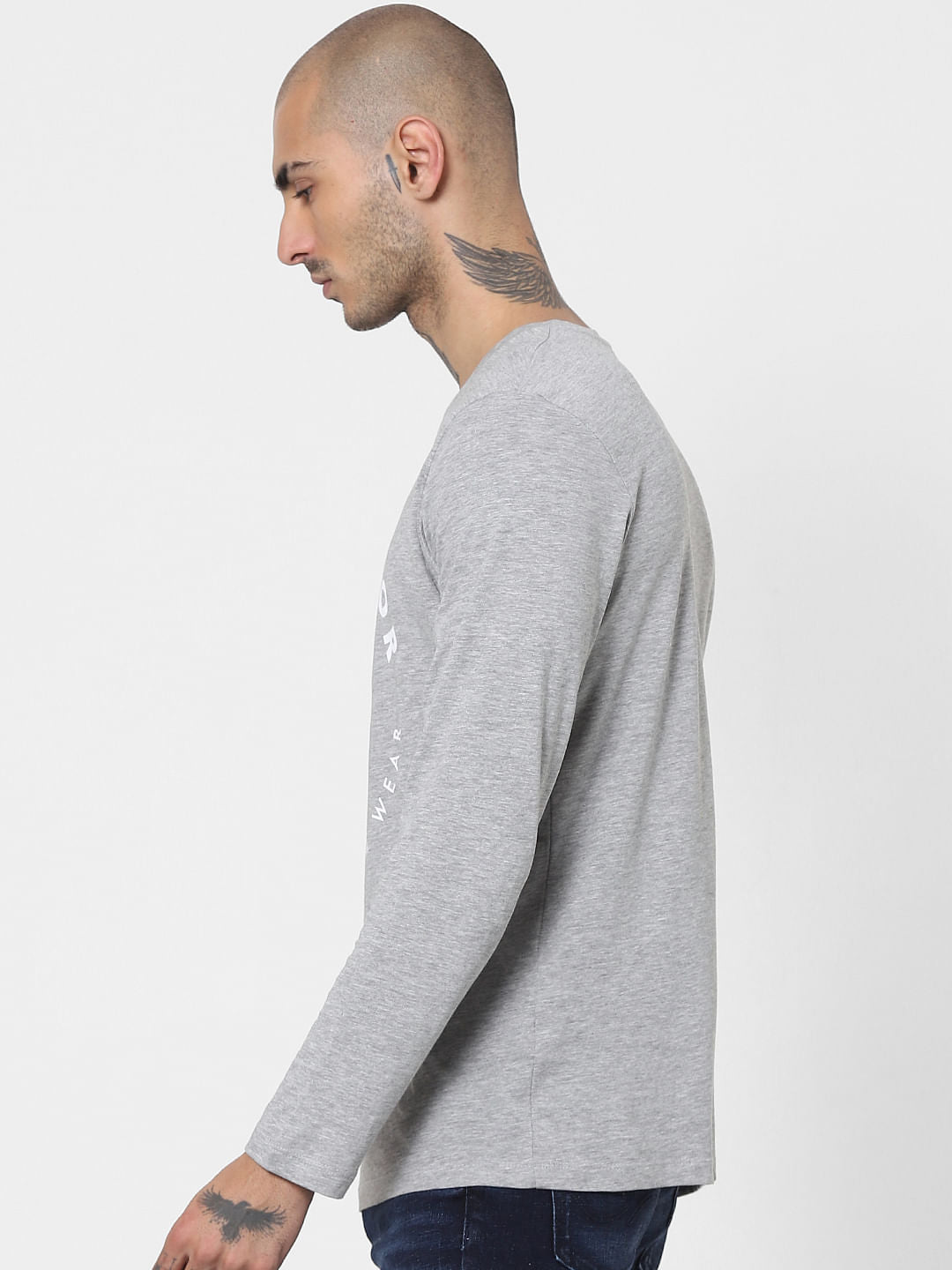 Grey Logo Print Full Sleeves Crew Neck T-shirt