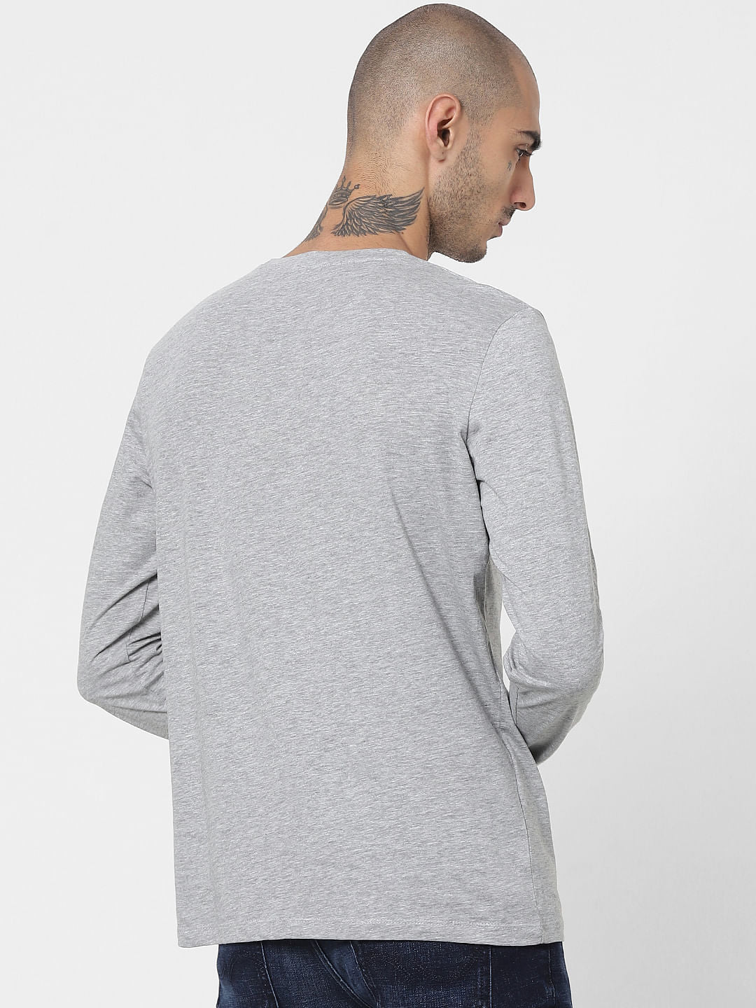 Grey Logo Print Full Sleeves Crew Neck T-shirt