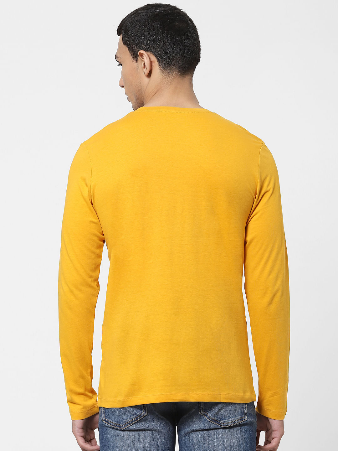 Yellow Logo Print Full Sleeves Crew Neck T-shirt