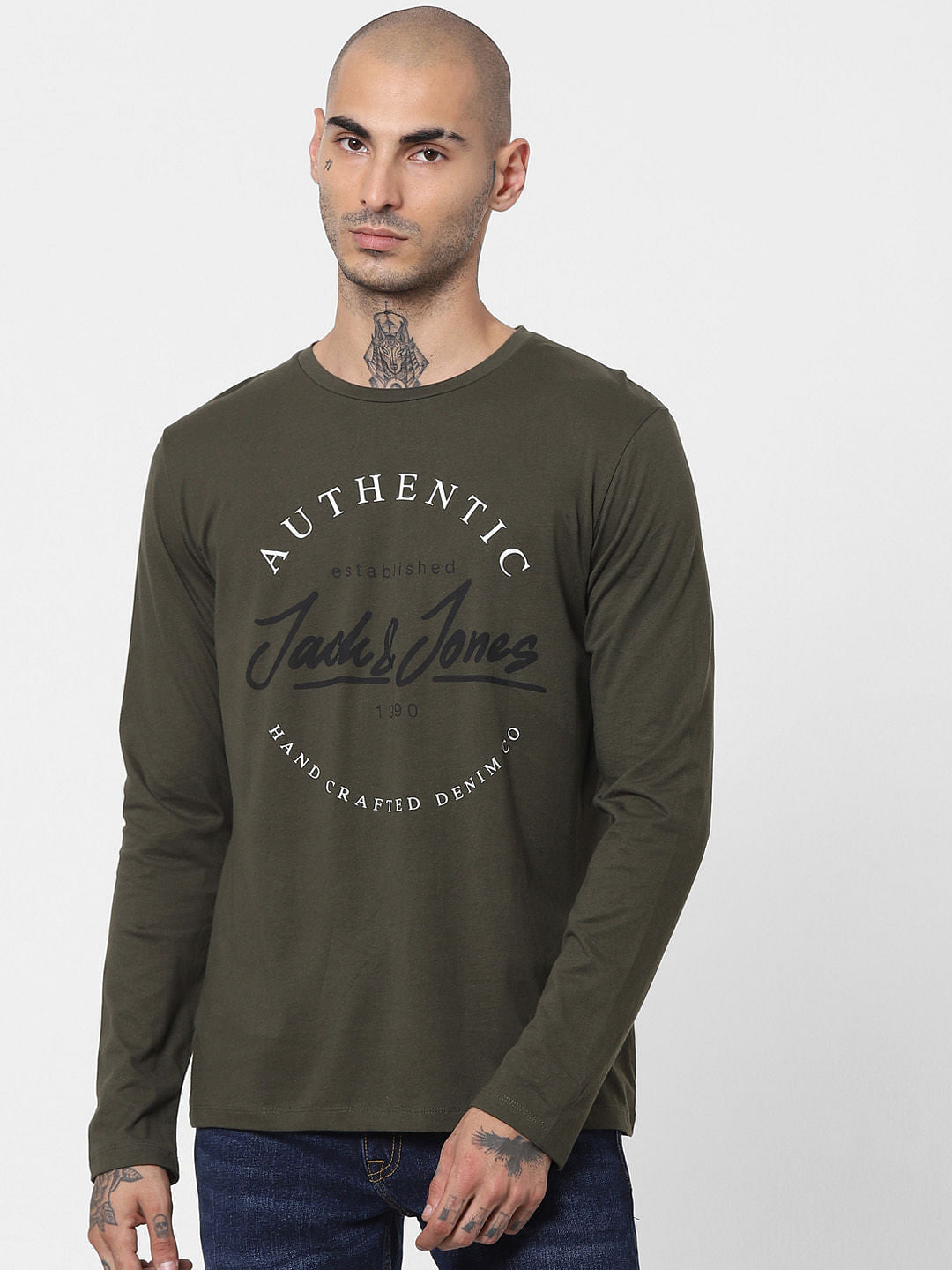 Green Logo Print Full Sleeves Crew Neck T-shirt