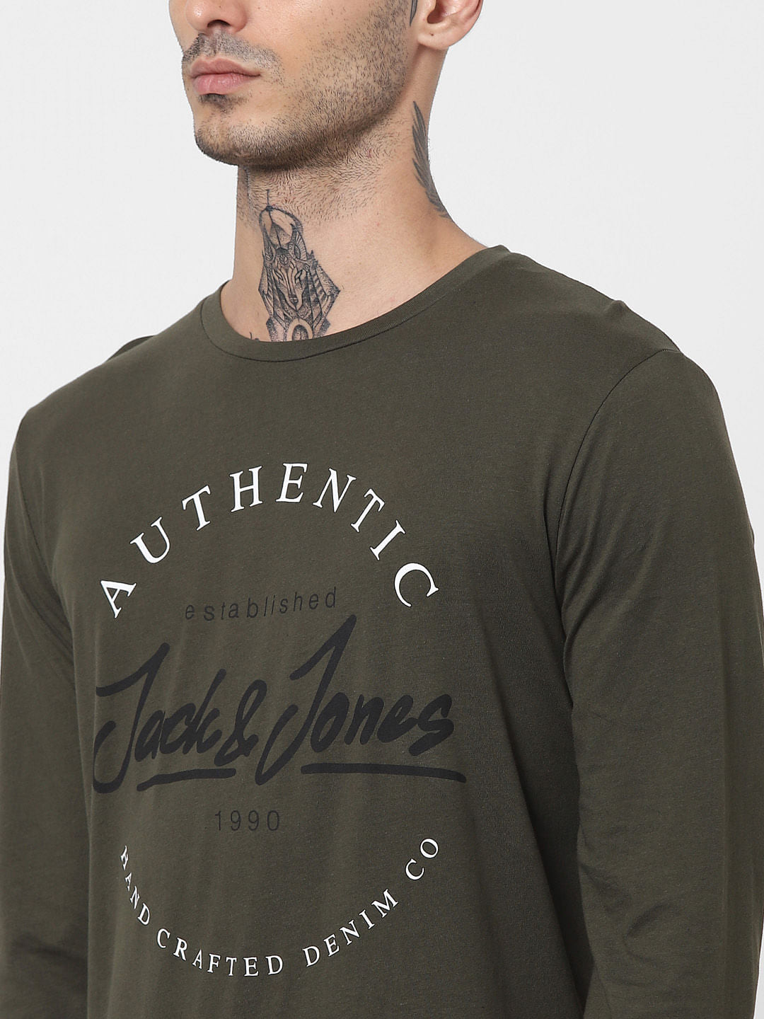 Green Logo Print Full Sleeves Crew Neck T-shirt