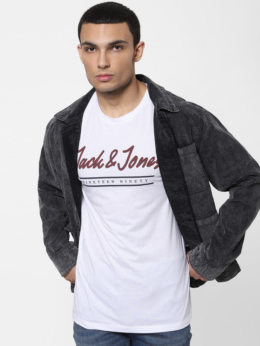 White Logo Print Full Sleeves Crew Neck T-shirt - S
