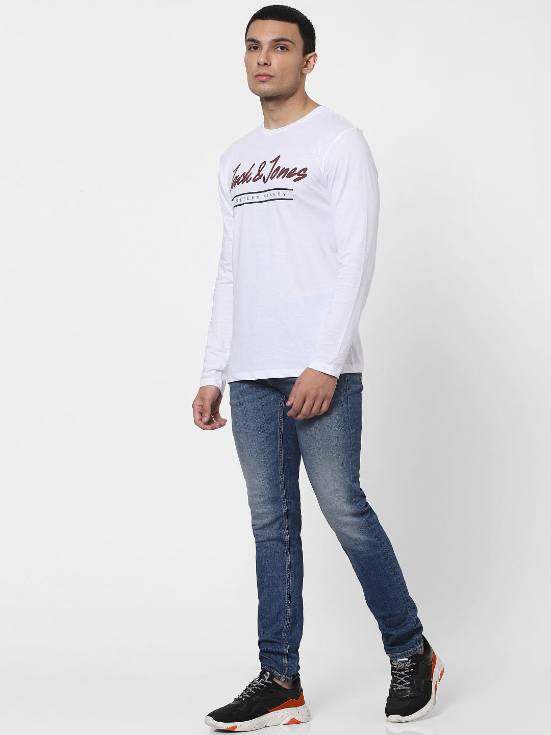 White Logo Print Full Sleeves Crew Neck T-shirt