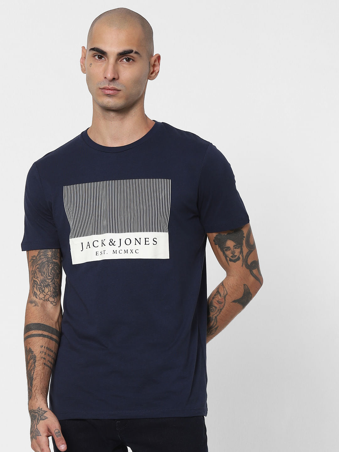 Navy Blue Logo Print Crew Neck T-shirt - S