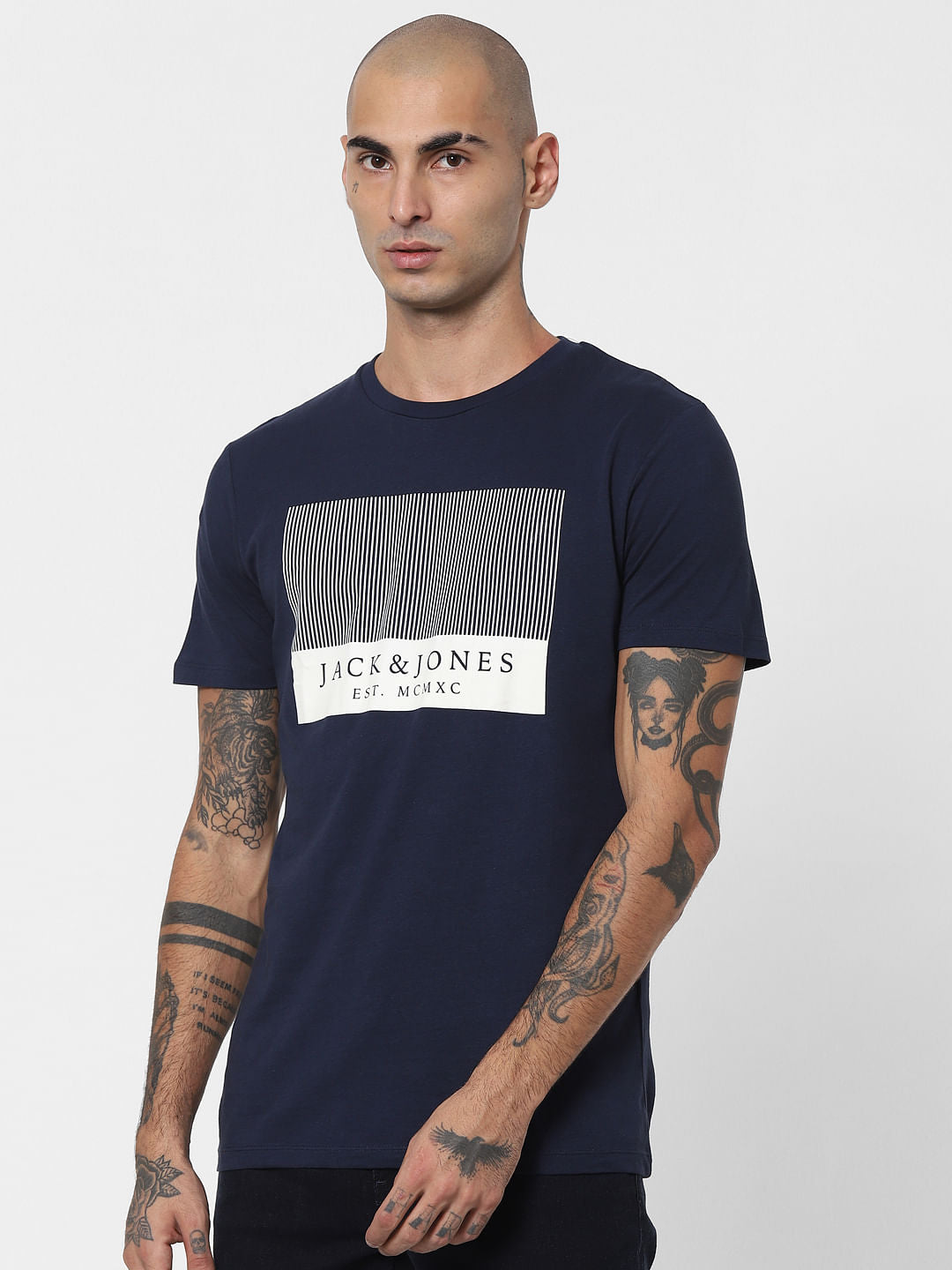 Navy Blue Logo Print Crew Neck T-shirt