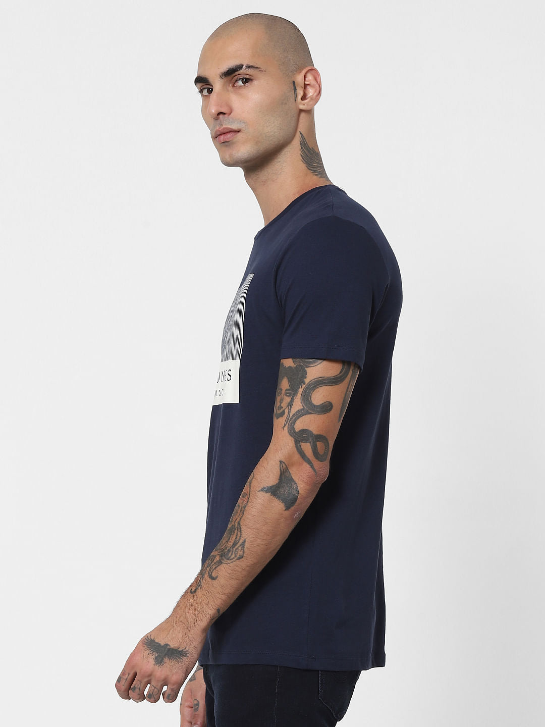 Navy Blue Logo Print Crew Neck T-shirt