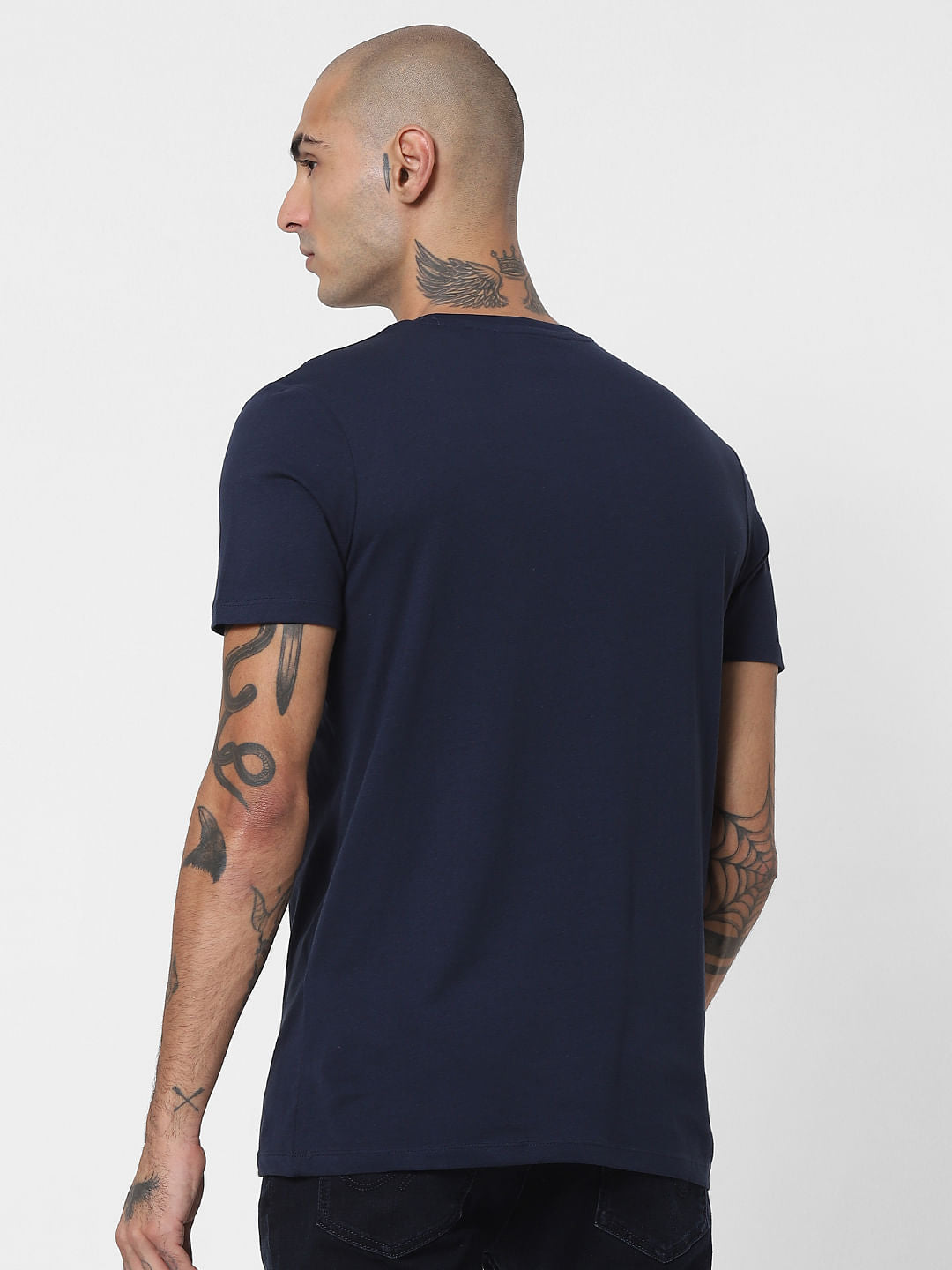 Navy Blue Logo Print Crew Neck T-shirt