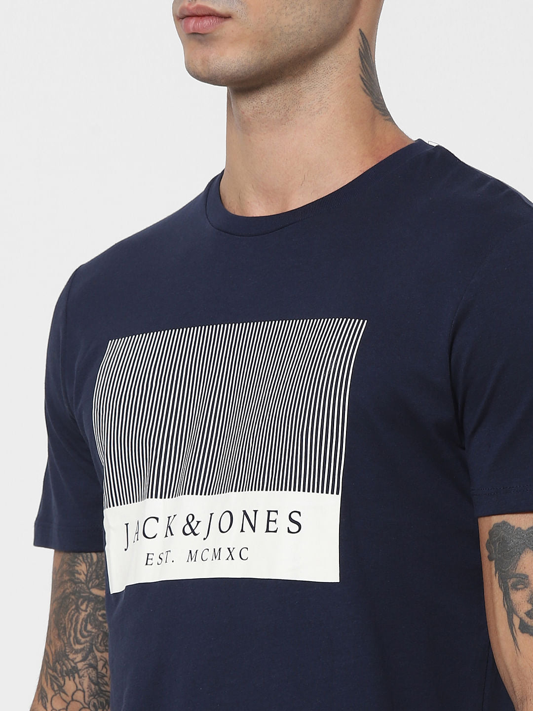Navy Blue Logo Print Crew Neck T-shirt