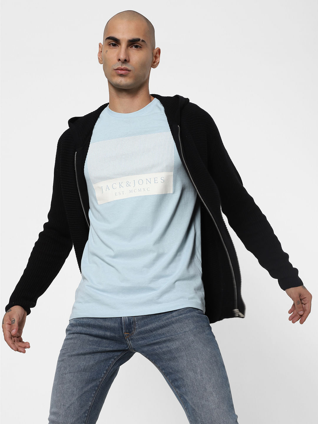 Light Blue Logo Print Crew Neck T-shirt - S