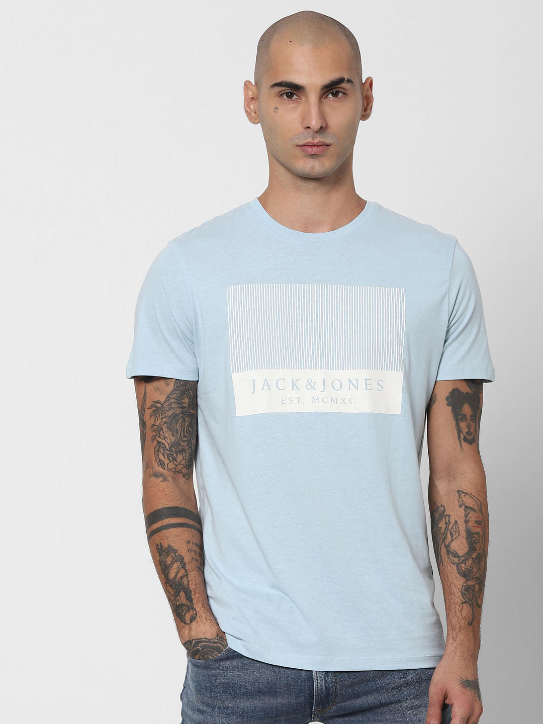 Light Blue Logo Print Crew Neck T-shirt