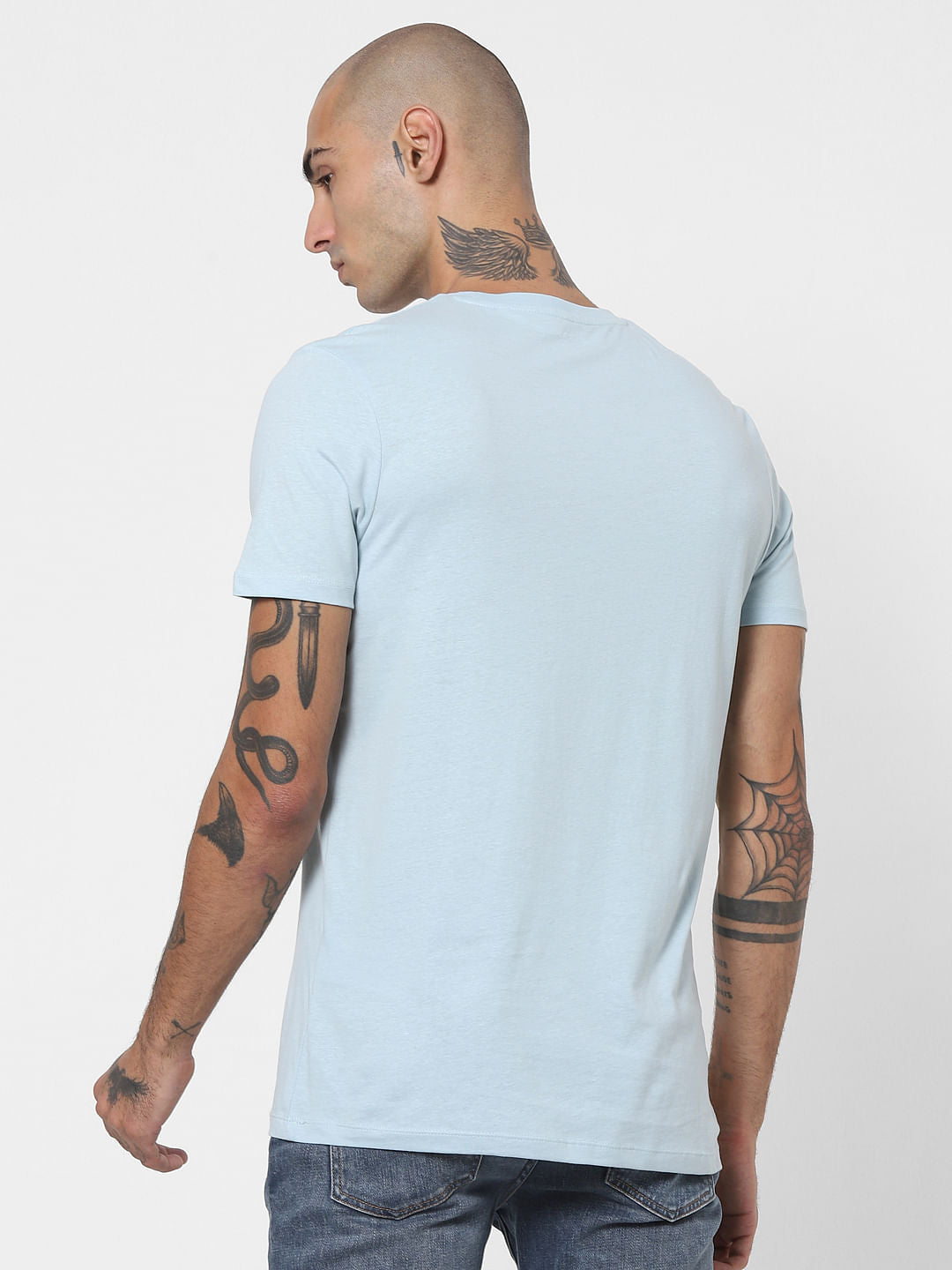 Light Blue Logo Print Crew Neck T-shirt