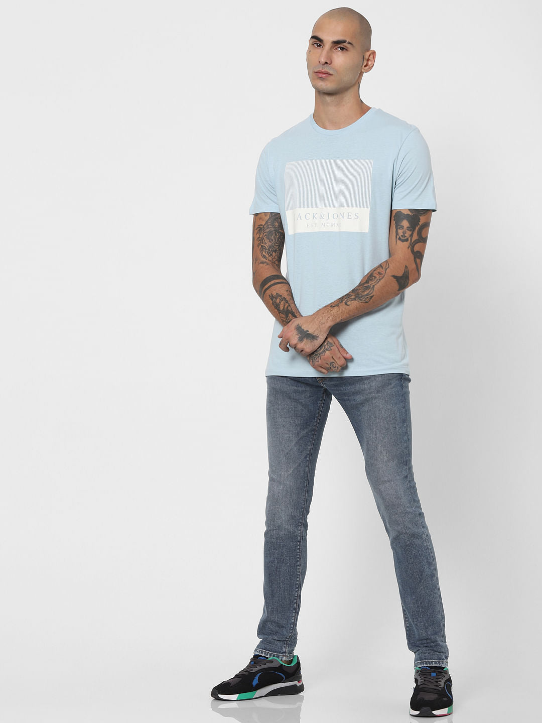 Light Blue Logo Print Crew Neck T-shirt