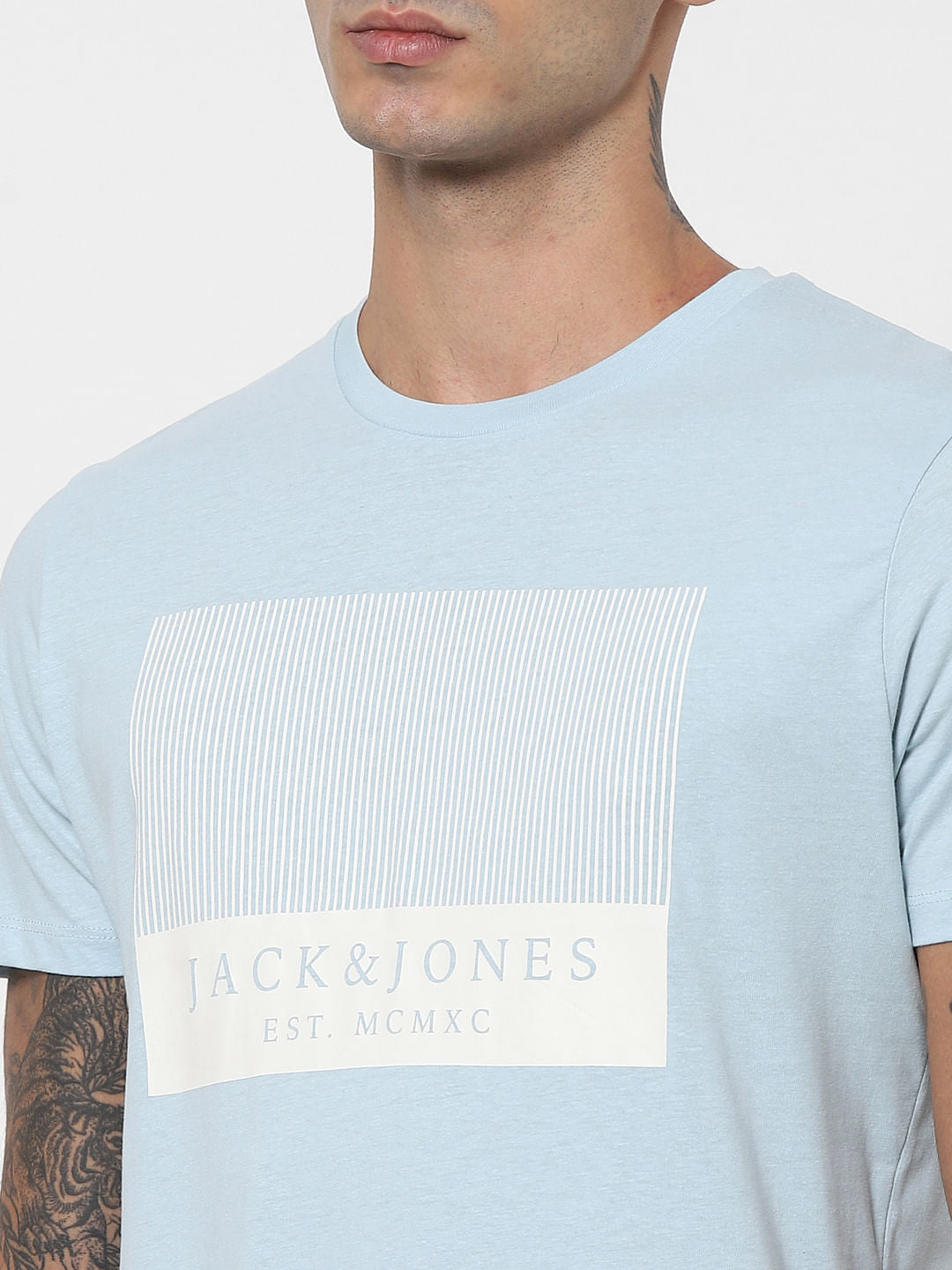 Light Blue Logo Print Crew Neck T-shirt