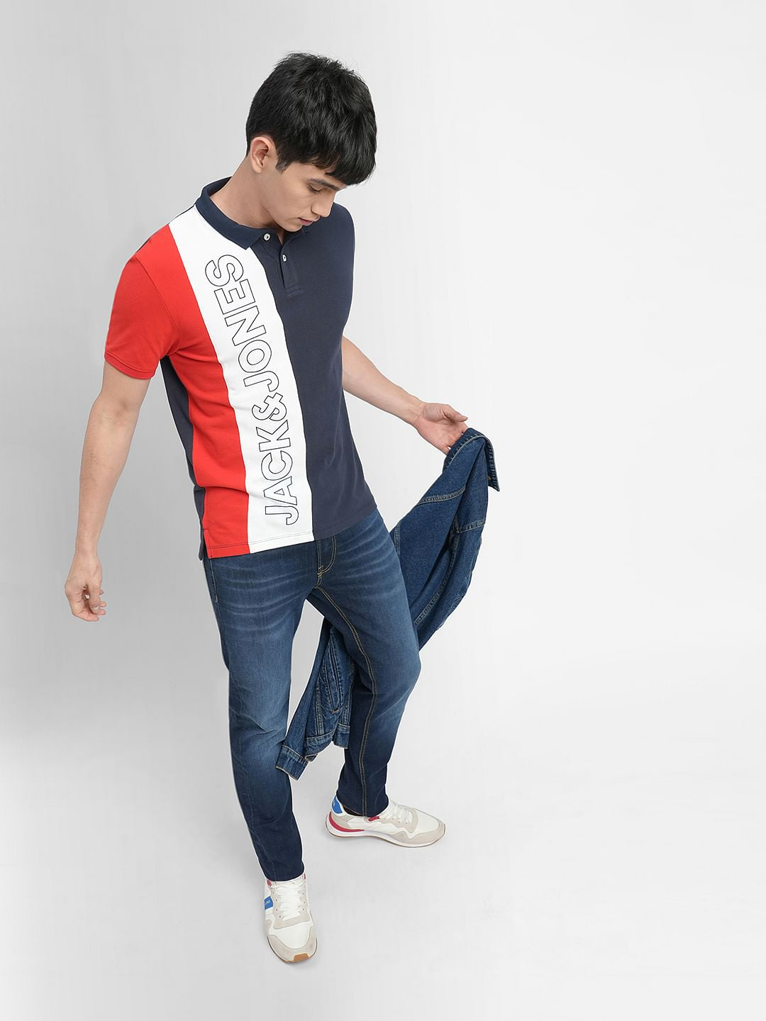 Red Colourblocked Polo Neck T-shirt