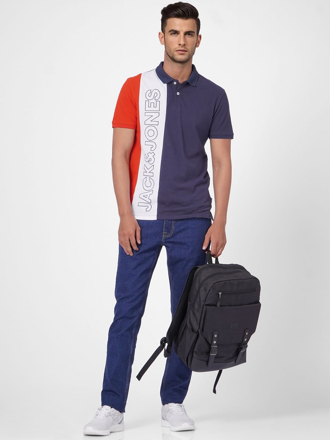 Navy Blue Colourblocked Polo T-shirt - S