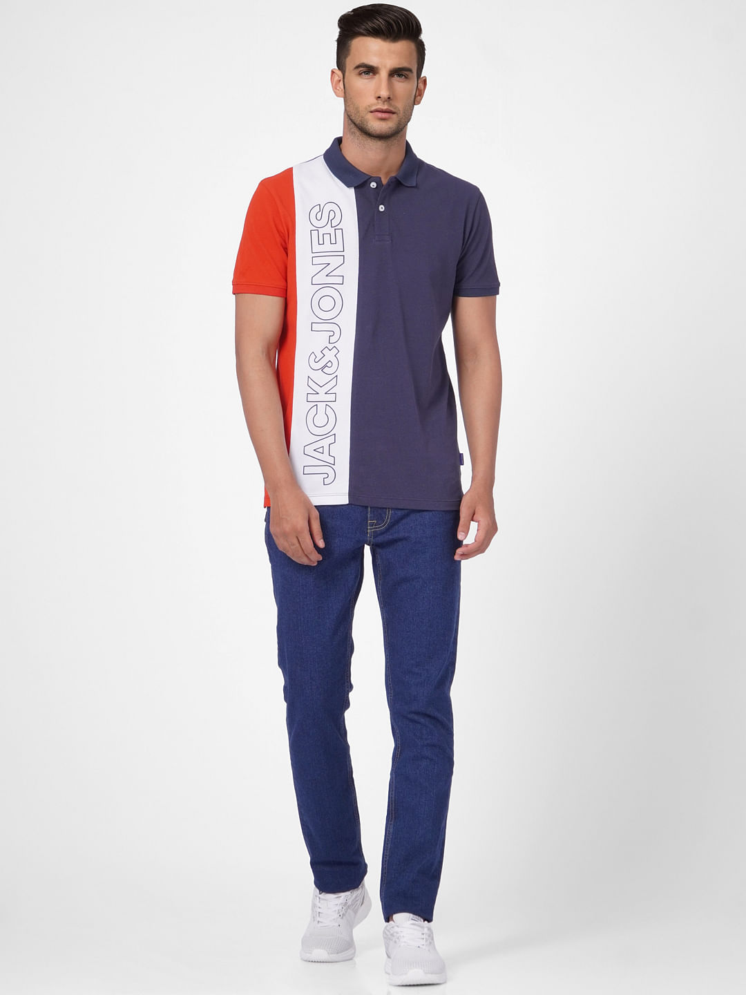 Navy Blue Colourblocked Polo T-shirt