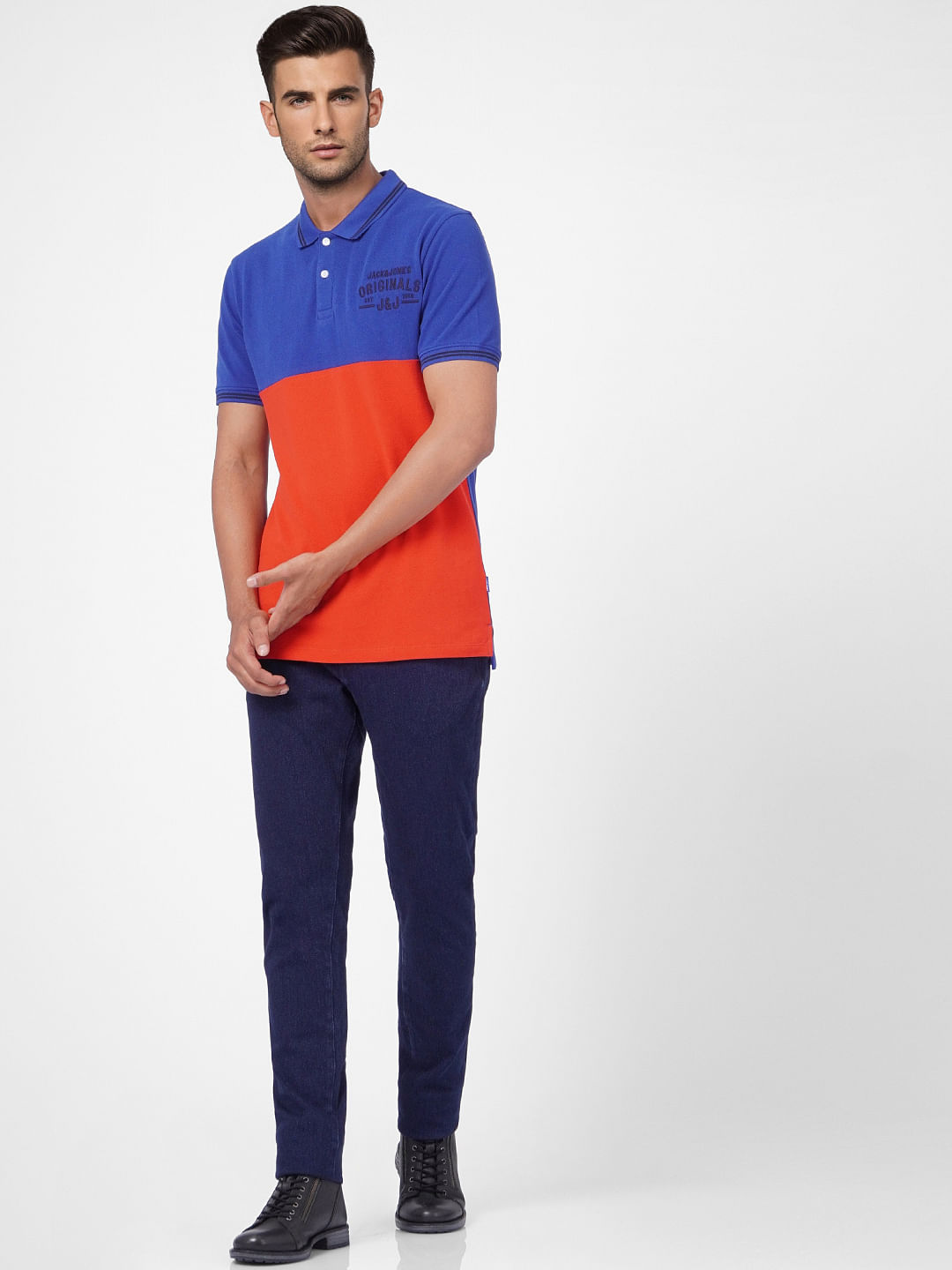 Red Colourblocked Polo Neck T-shirt