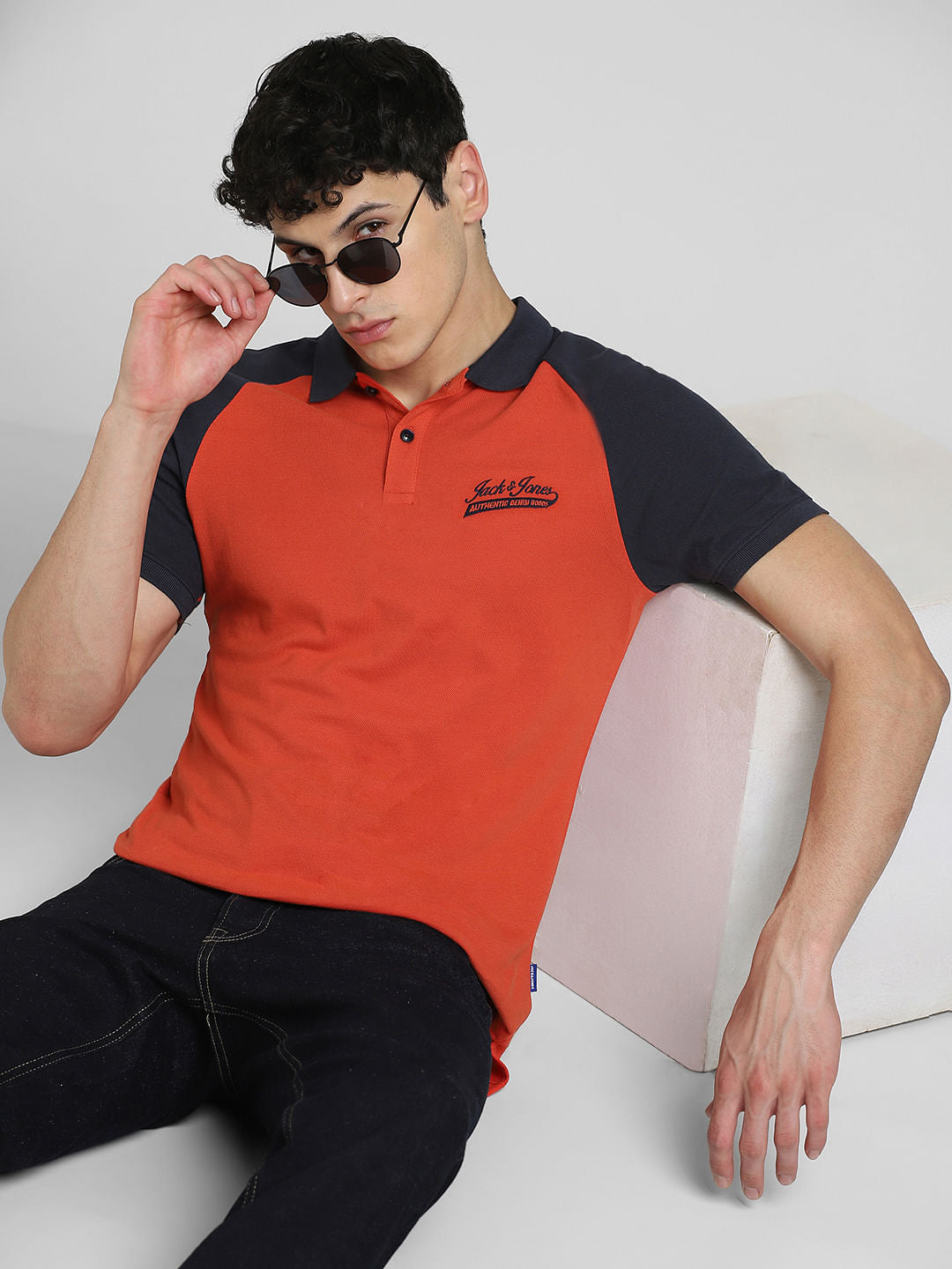 Orange Colourblocked Polo Neck T-shirt - S