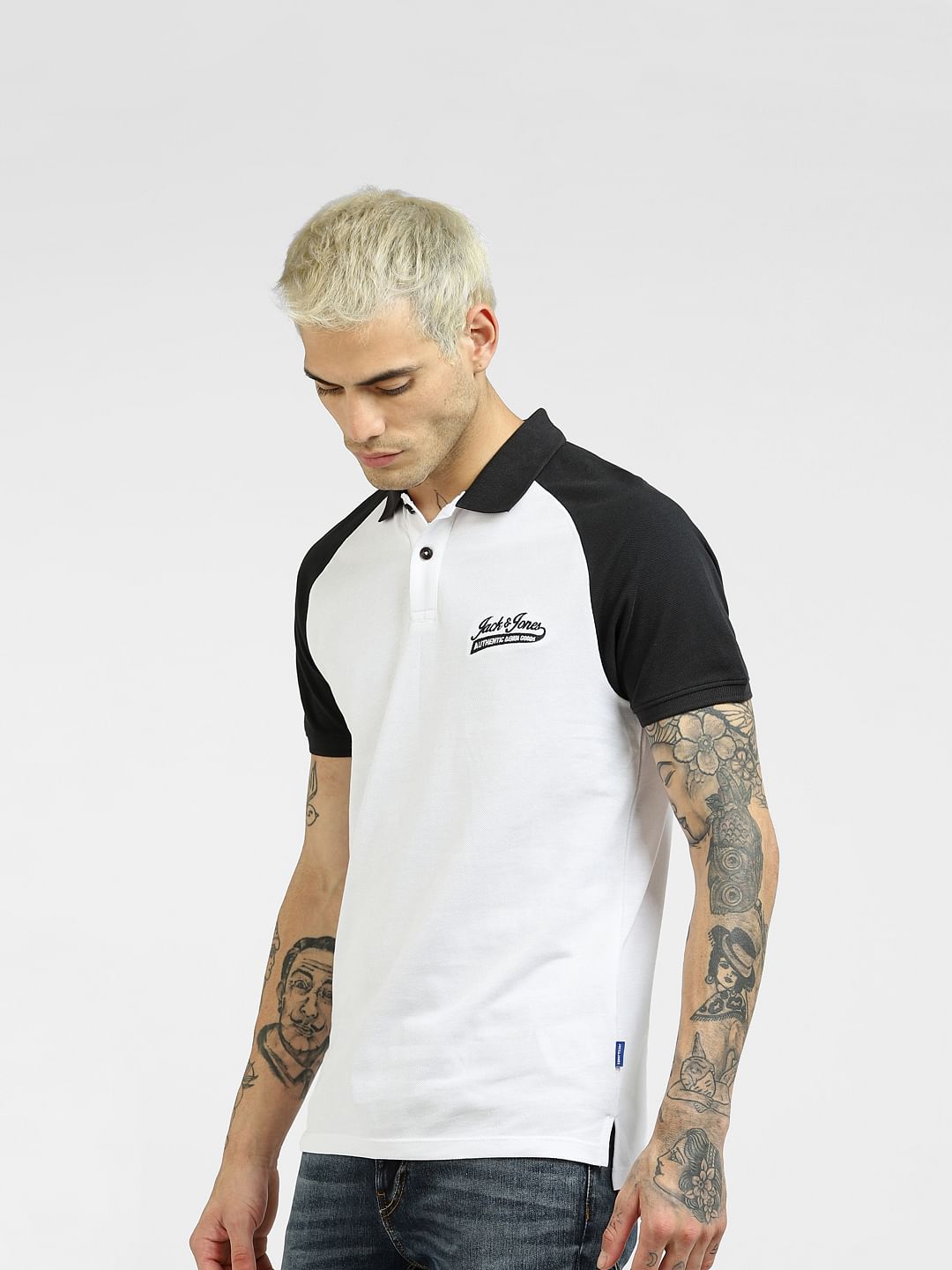White Colourblocked Polo T-shirt