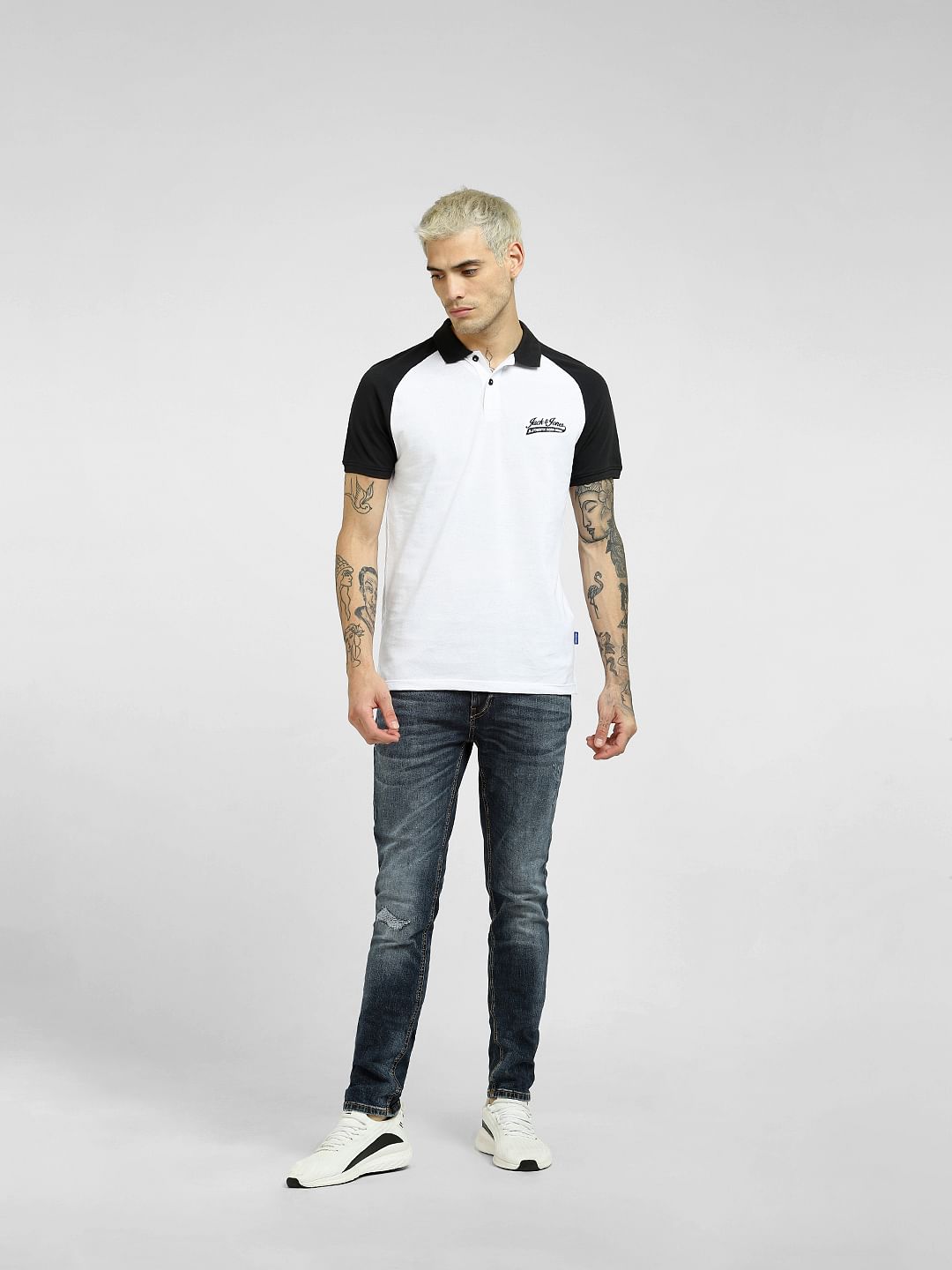 White Colourblocked Polo T-shirt