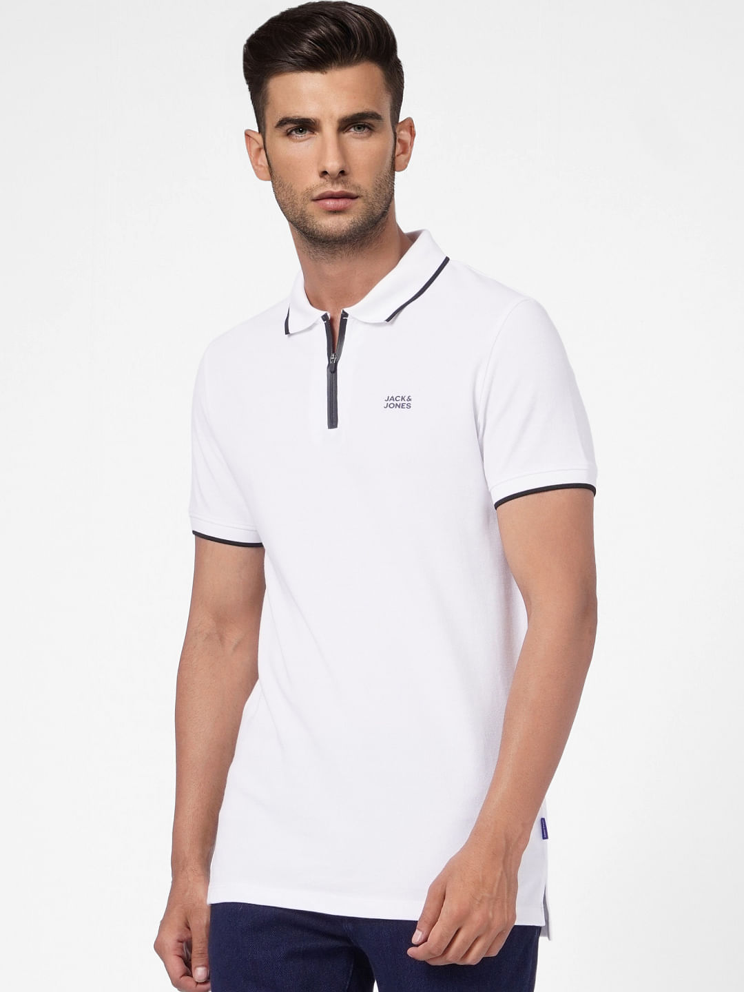 White Front Zip Polo Neck T-shirt