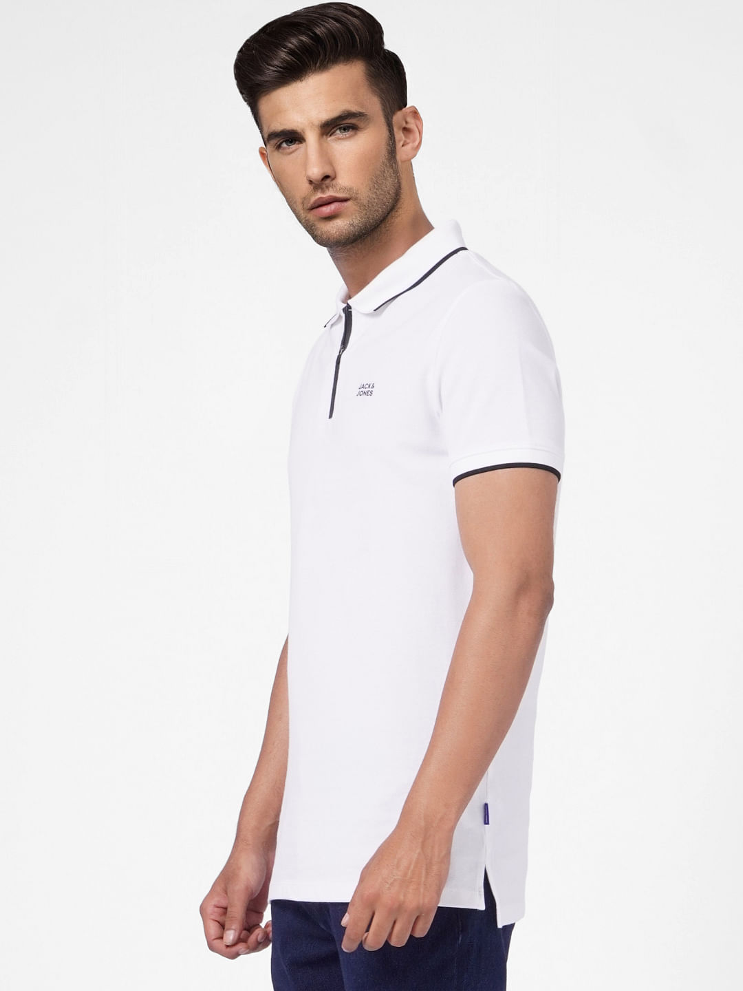 White Front Zip Polo Neck T-shirt
