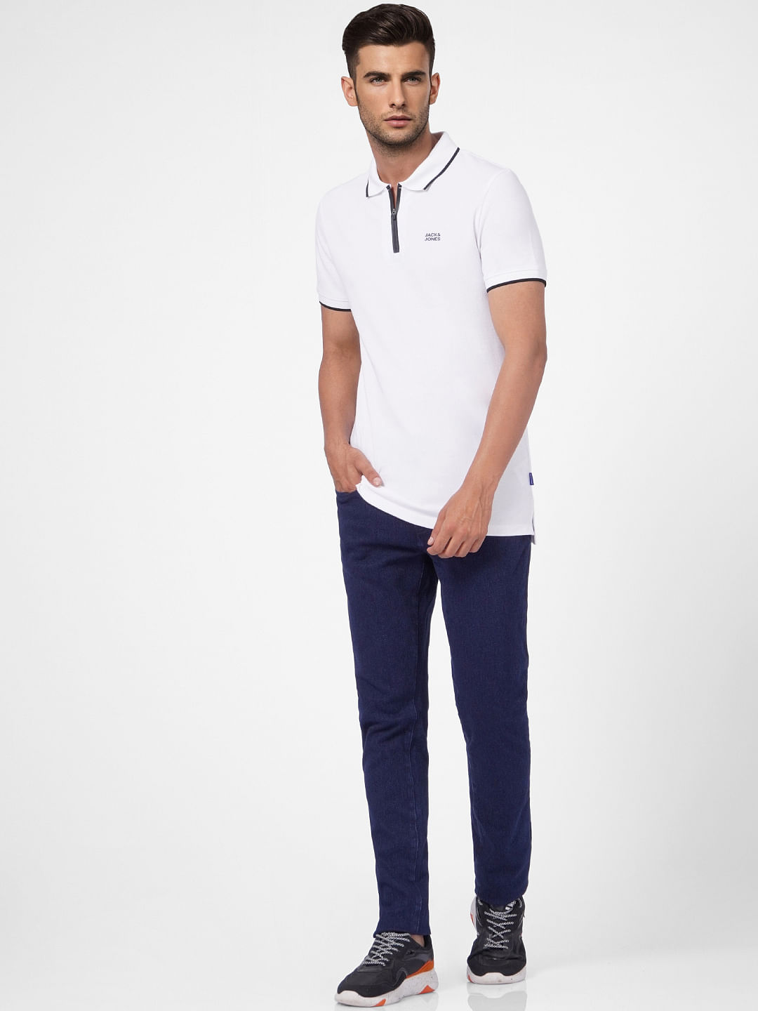 White Front Zip Polo Neck T-shirt
