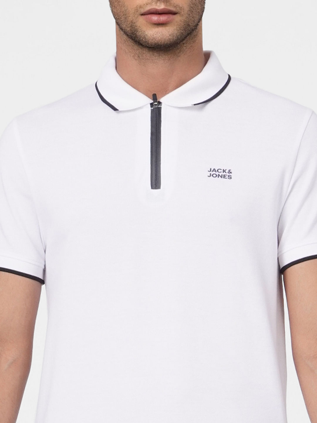 White Front Zip Polo Neck T-shirt