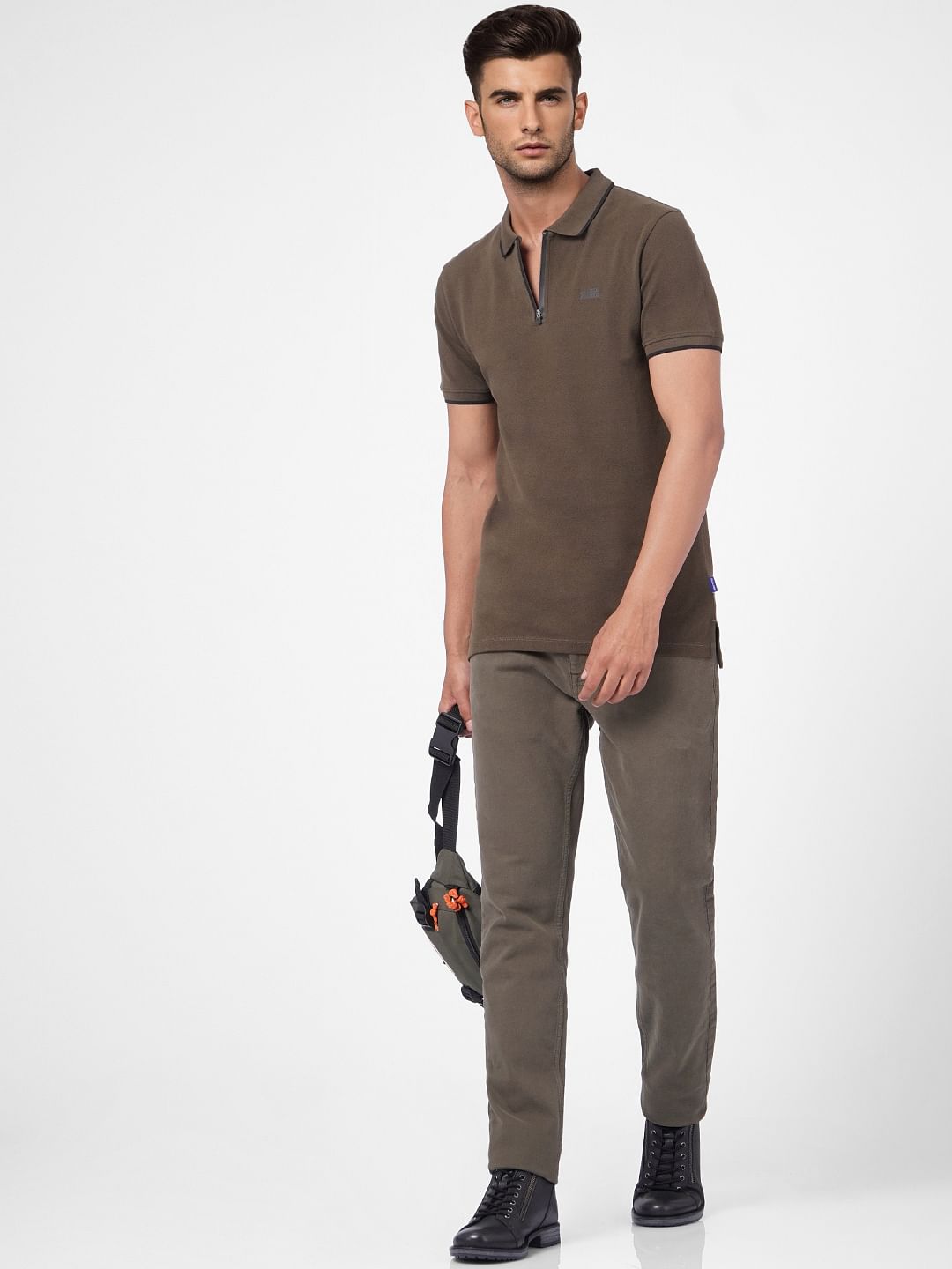 Green Front Zip Polo Neck T-shirt