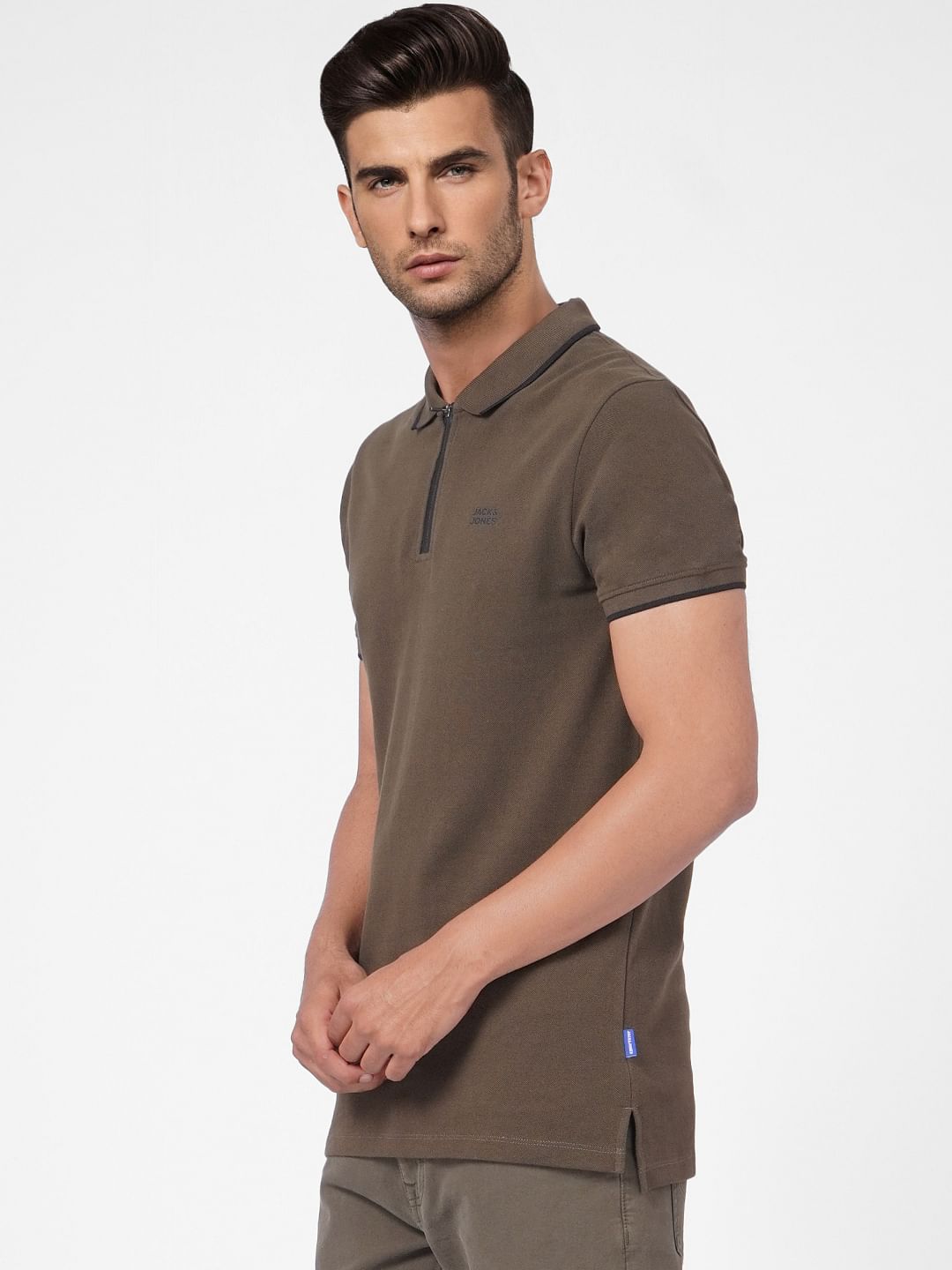 Green Front Zip Polo Neck T-shirt