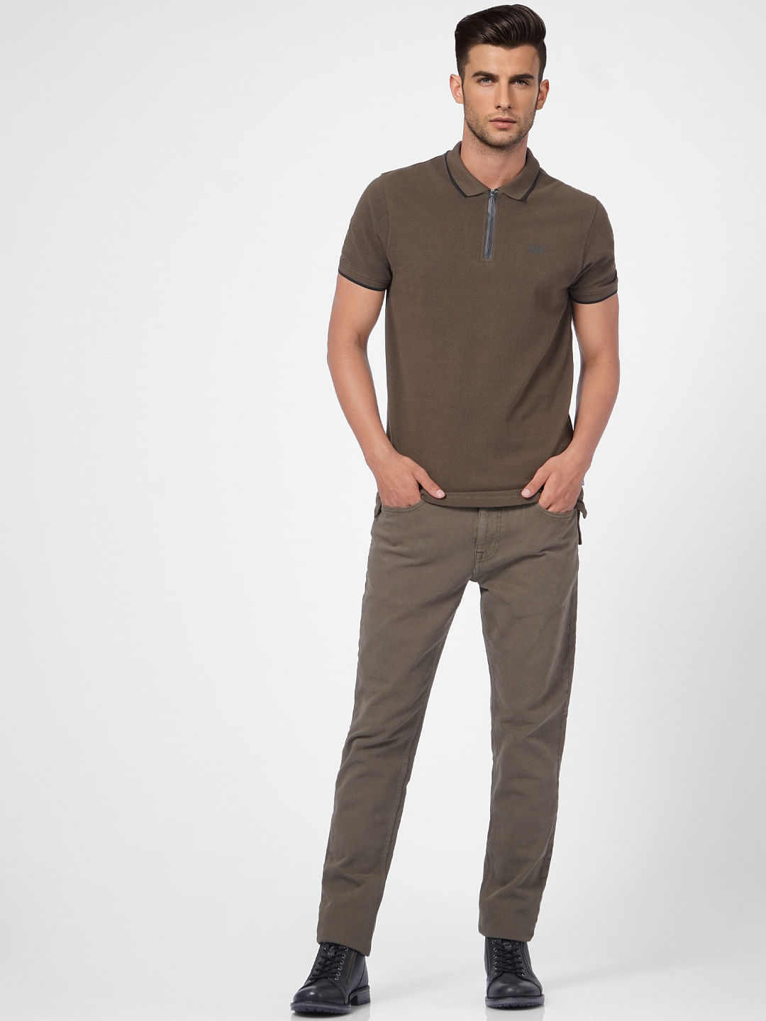 Green Front Zip Polo Neck T-shirt