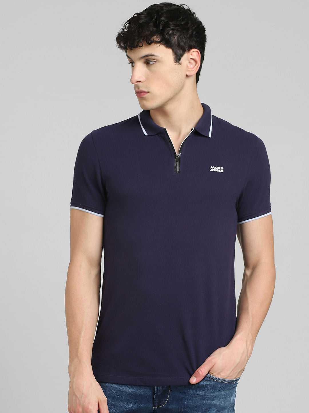 Blue Front Zip Polo Neck T-shirt