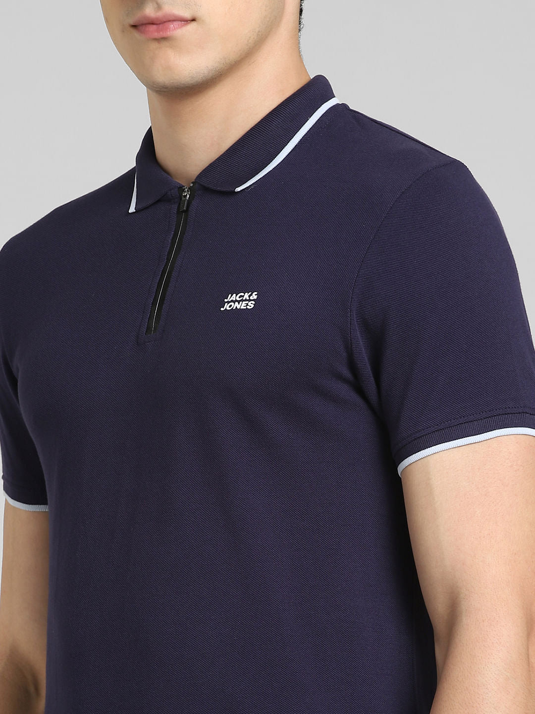 Blue Front Zip Polo Neck T-shirt
