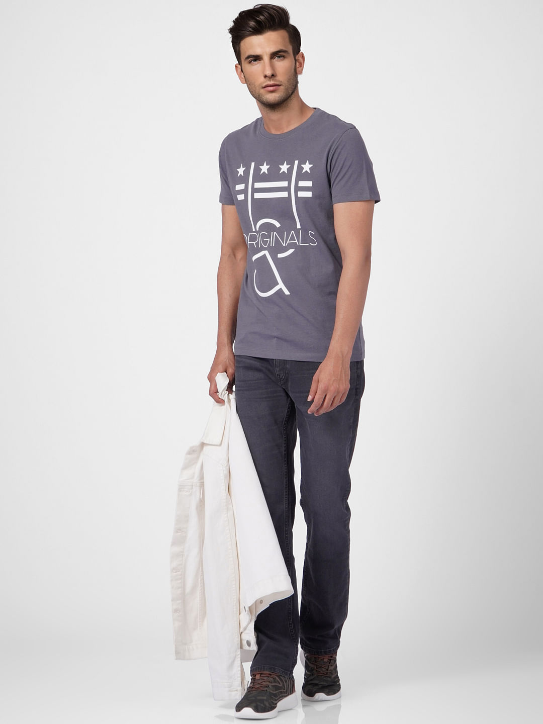 Grey Graphic Print Crew Neck T-shirt - S