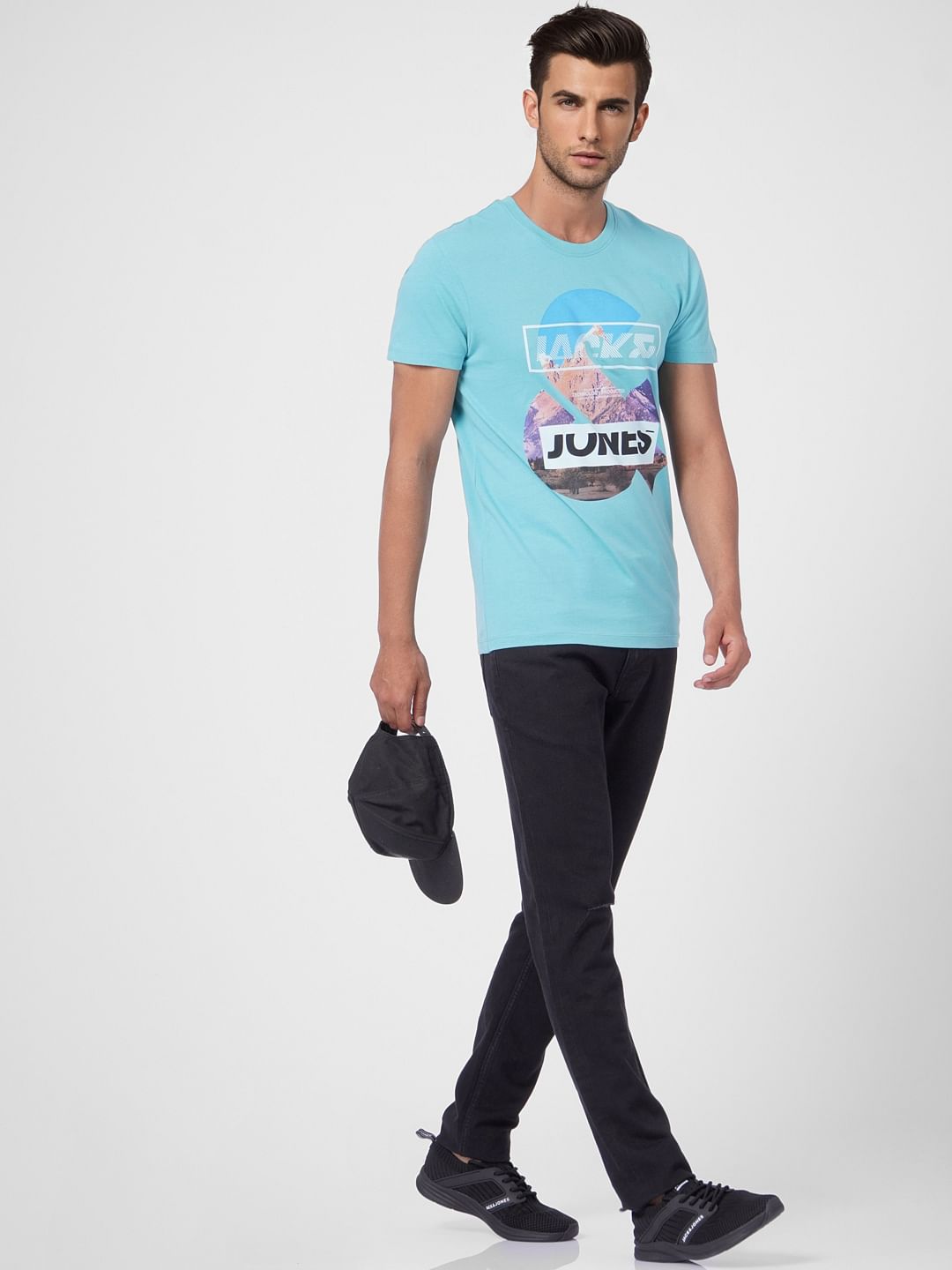 Blue Graphic Print Crew Neck T-shirt - S