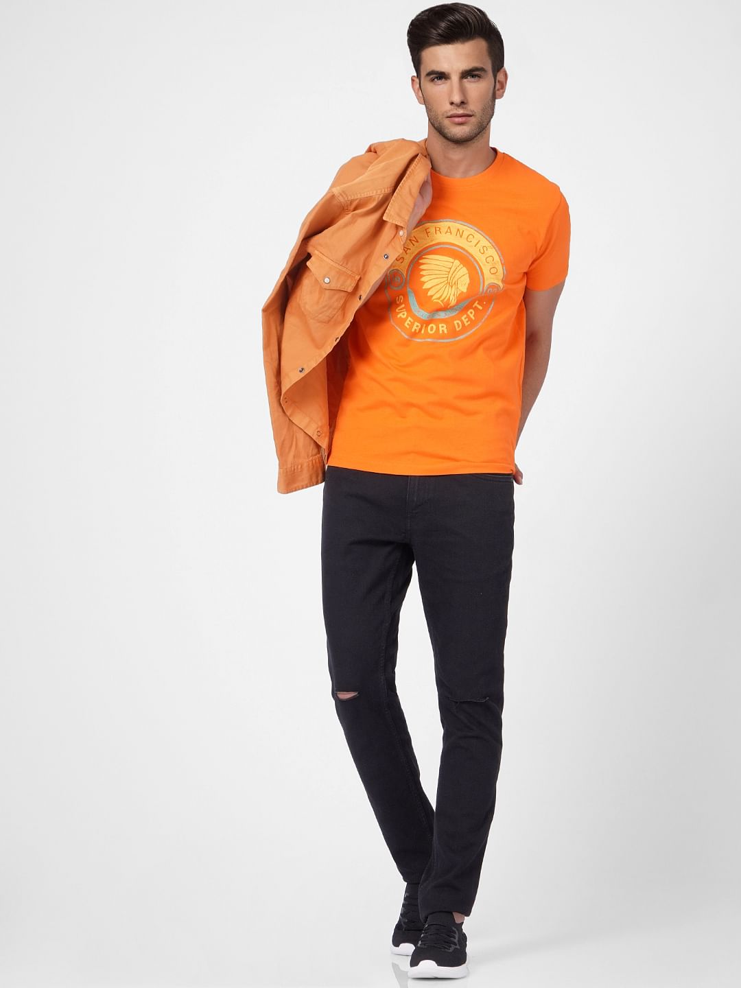 Orange Graphic Print Crew Neck T-shirt