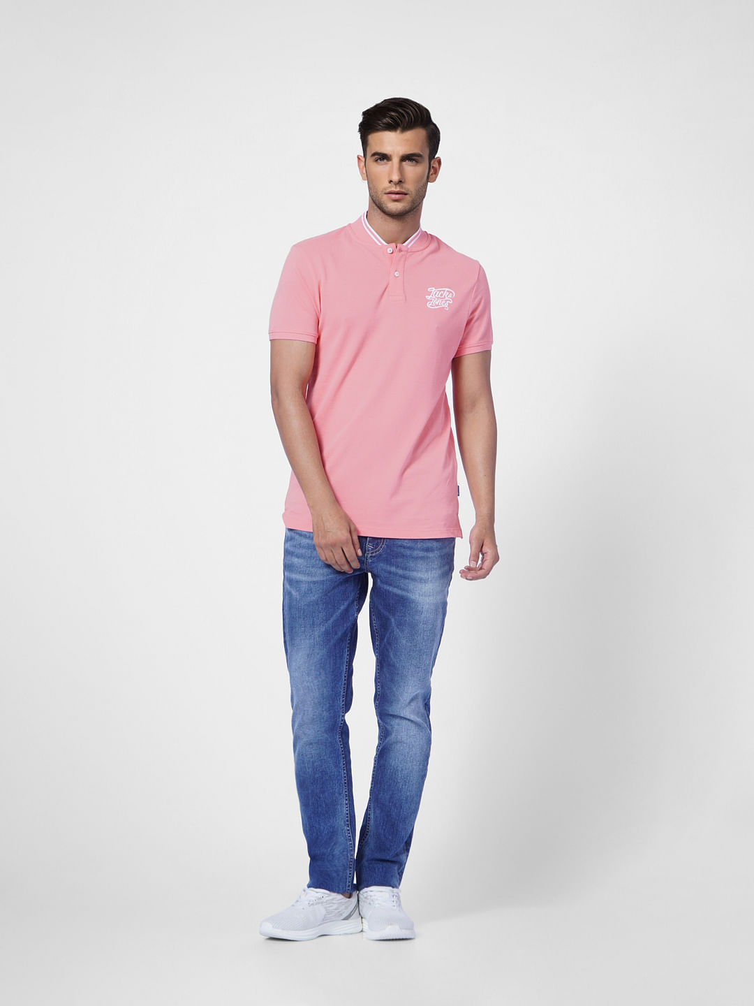 Pink Logo Print Polo Neck T-shirt