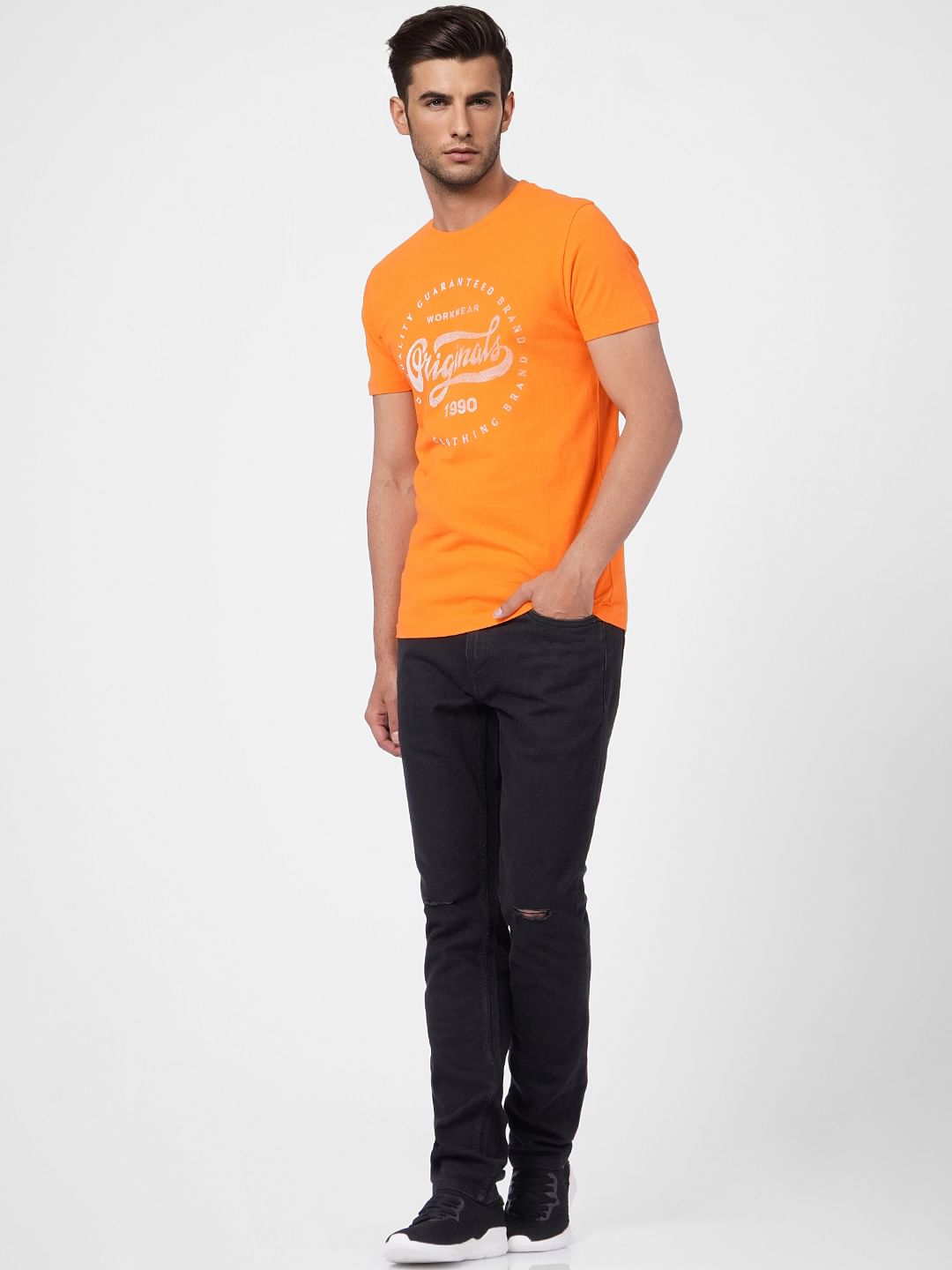 Orange Graphic Print Crew Neck T-shirt
