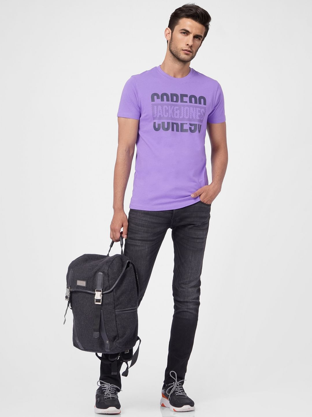 Purple Graphic Print Crew Neck T-shirt - S
