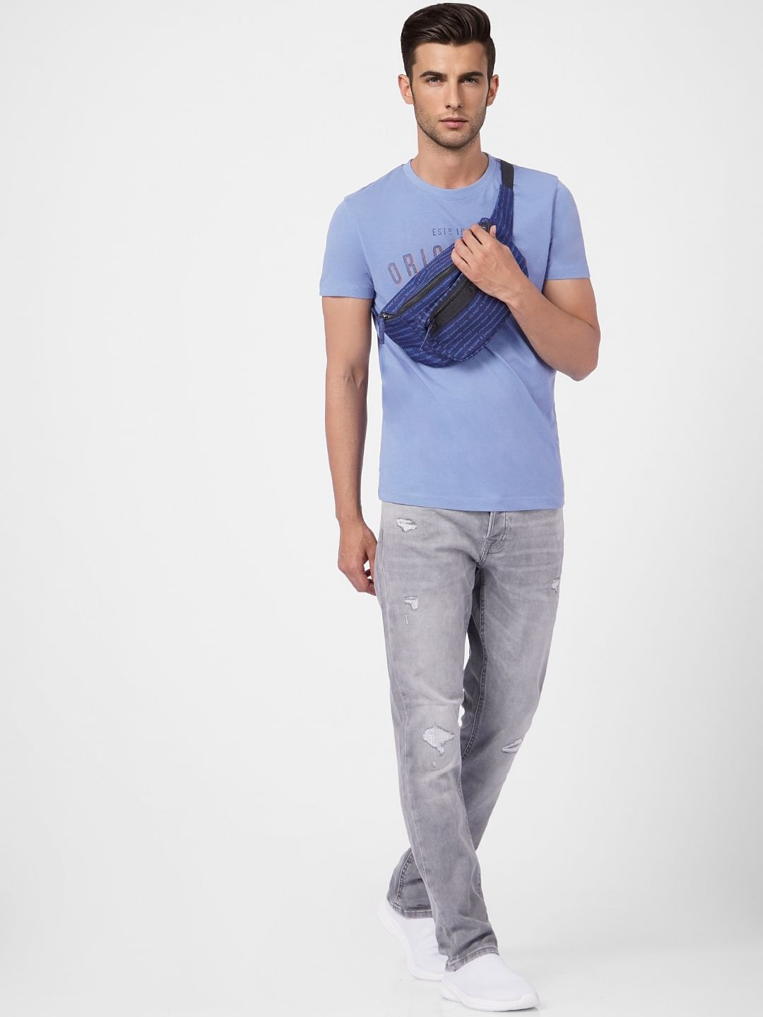 Blue Graphic Print Crew Neck T-shirt - S