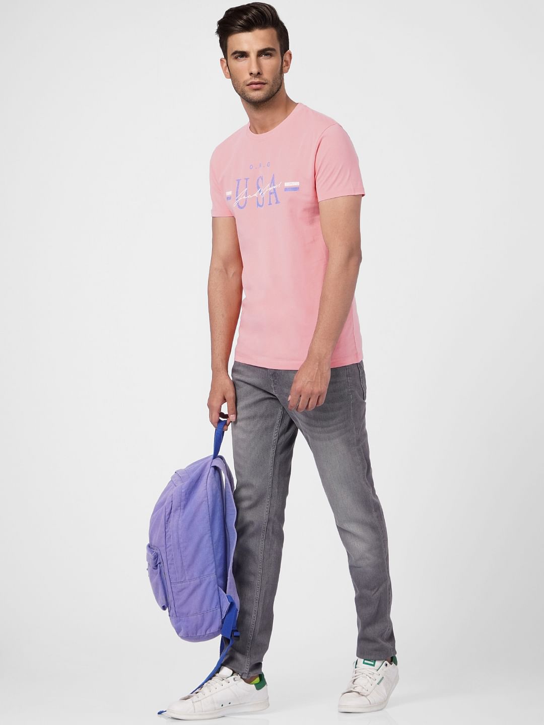 Pink Text Print Crew Neck T-shirt - S