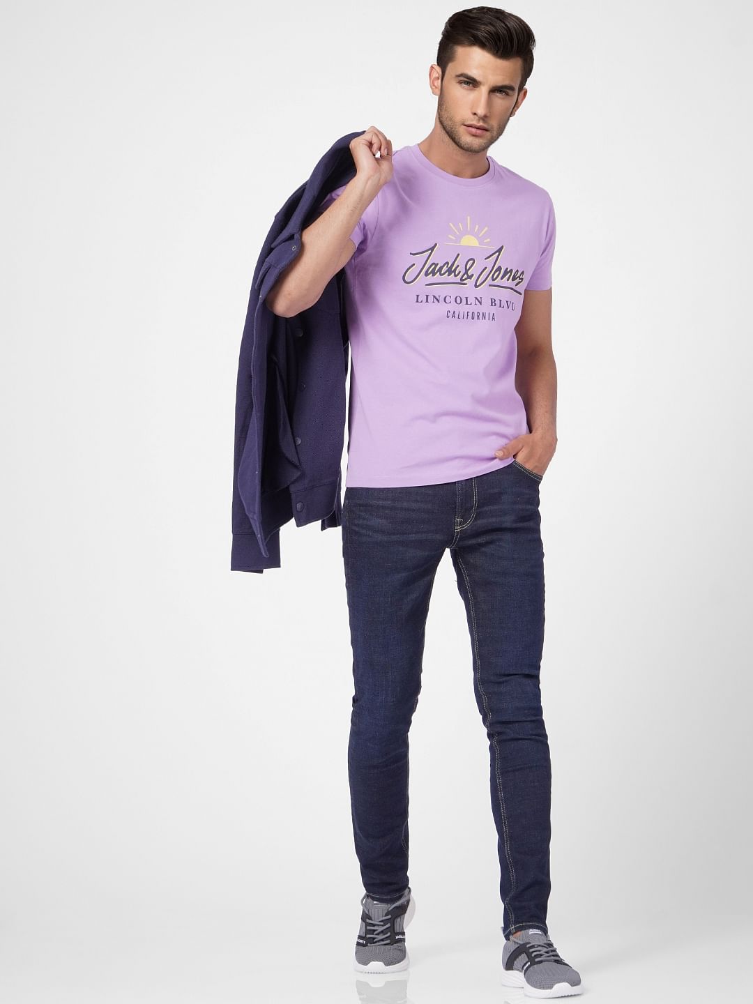 Purple Graphic Print Crew Neck T-shirt - S