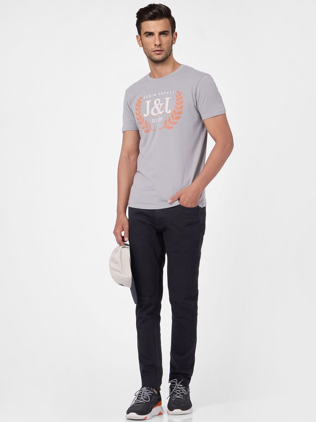 Grey Graphic Print Crew Neck T-shirt - S