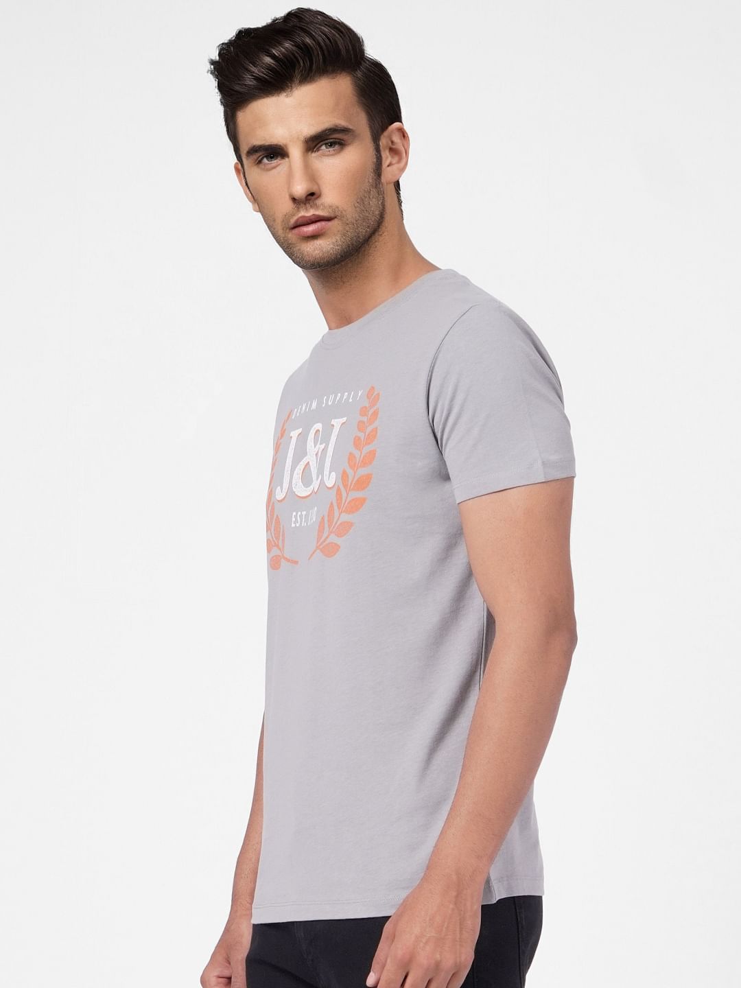 Grey Graphic Print Crew Neck T-shirt