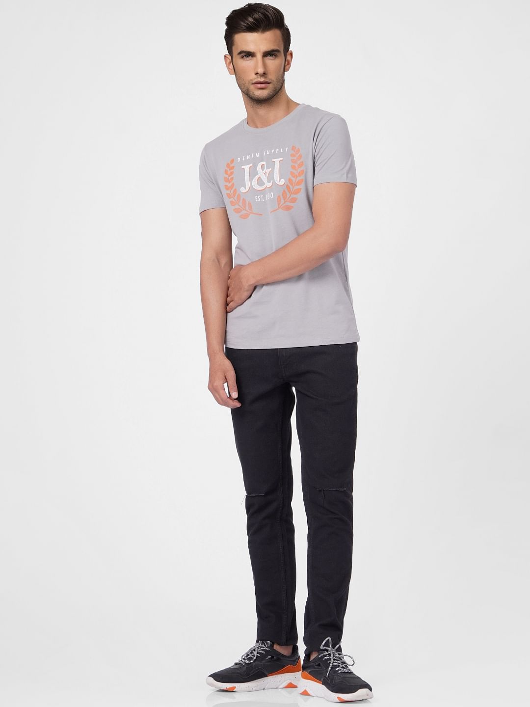 Grey Graphic Print Crew Neck T-shirt